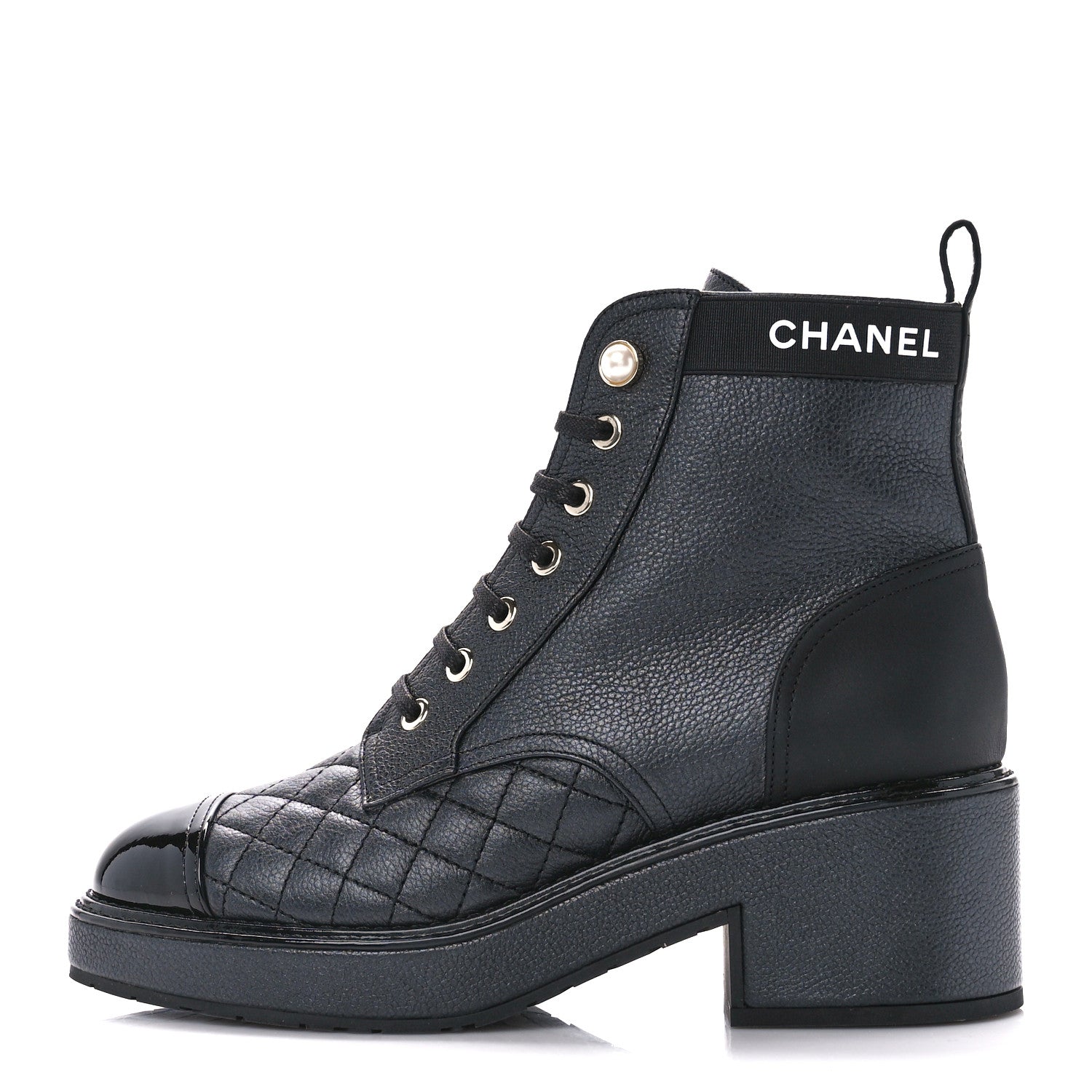 Chanel Pearly Calfskin Patent Calfskin Lace Up Combat Boots 36.5 Black 1 of 10