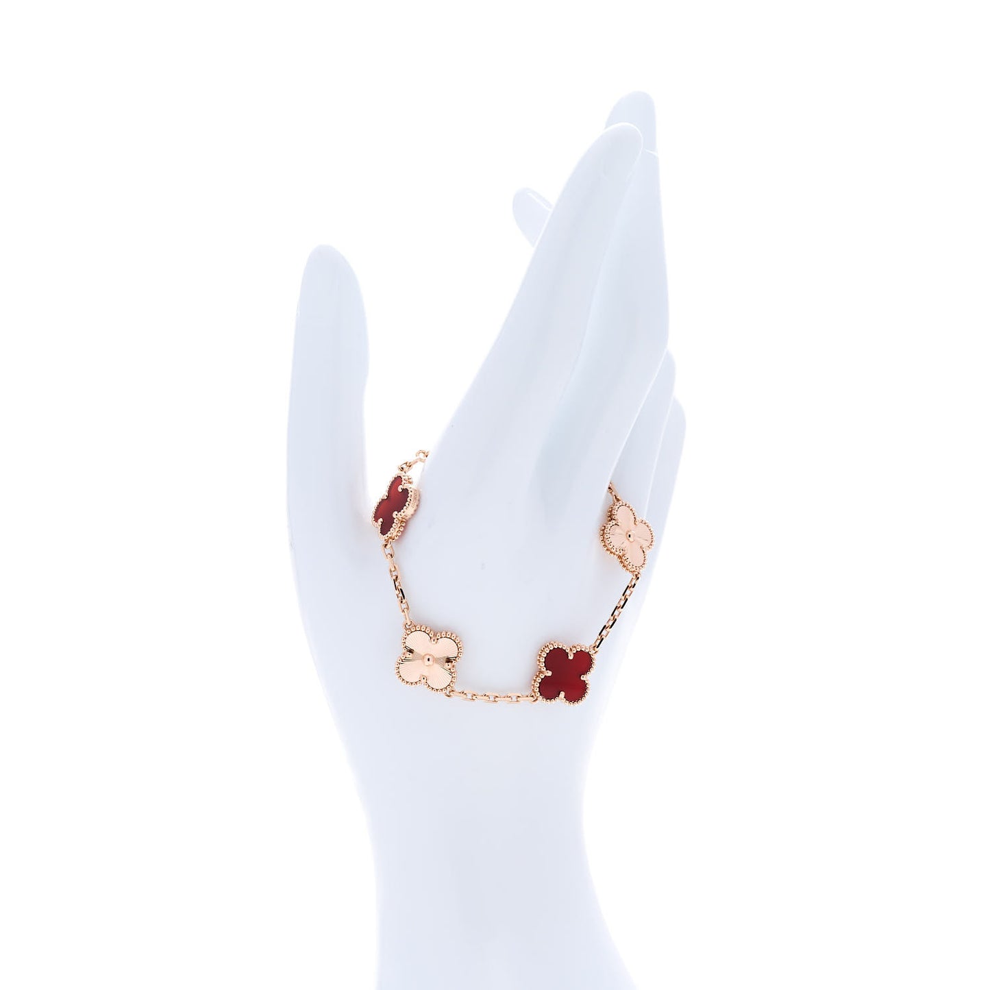 18K Rose Gold Carnelian 5 Motifs Guilloche Vintage Alhambra Bracelet