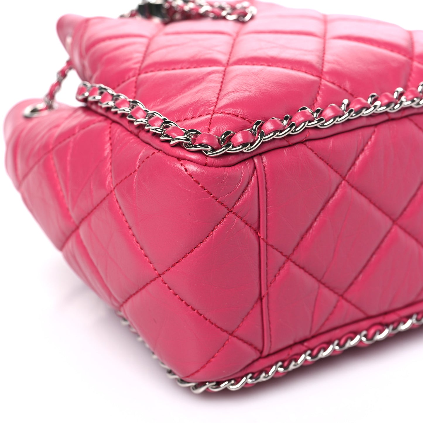 Crumpled Calfskin Quilted Chain All Over Drawstring Bucket Bag Pink