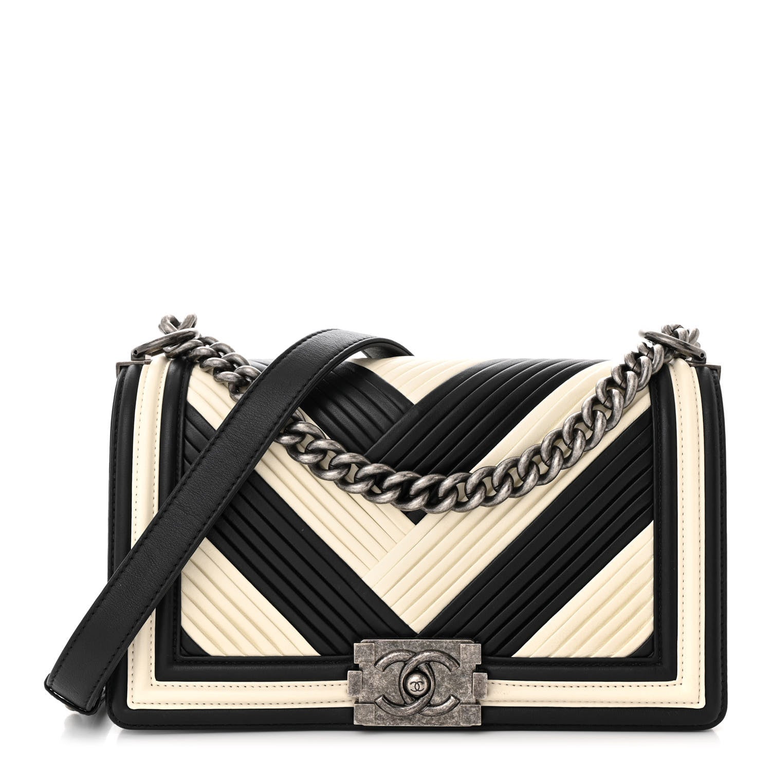 Chanel Calfskin Pleated Medium Boy In Rome Flap Black White 1 of 11