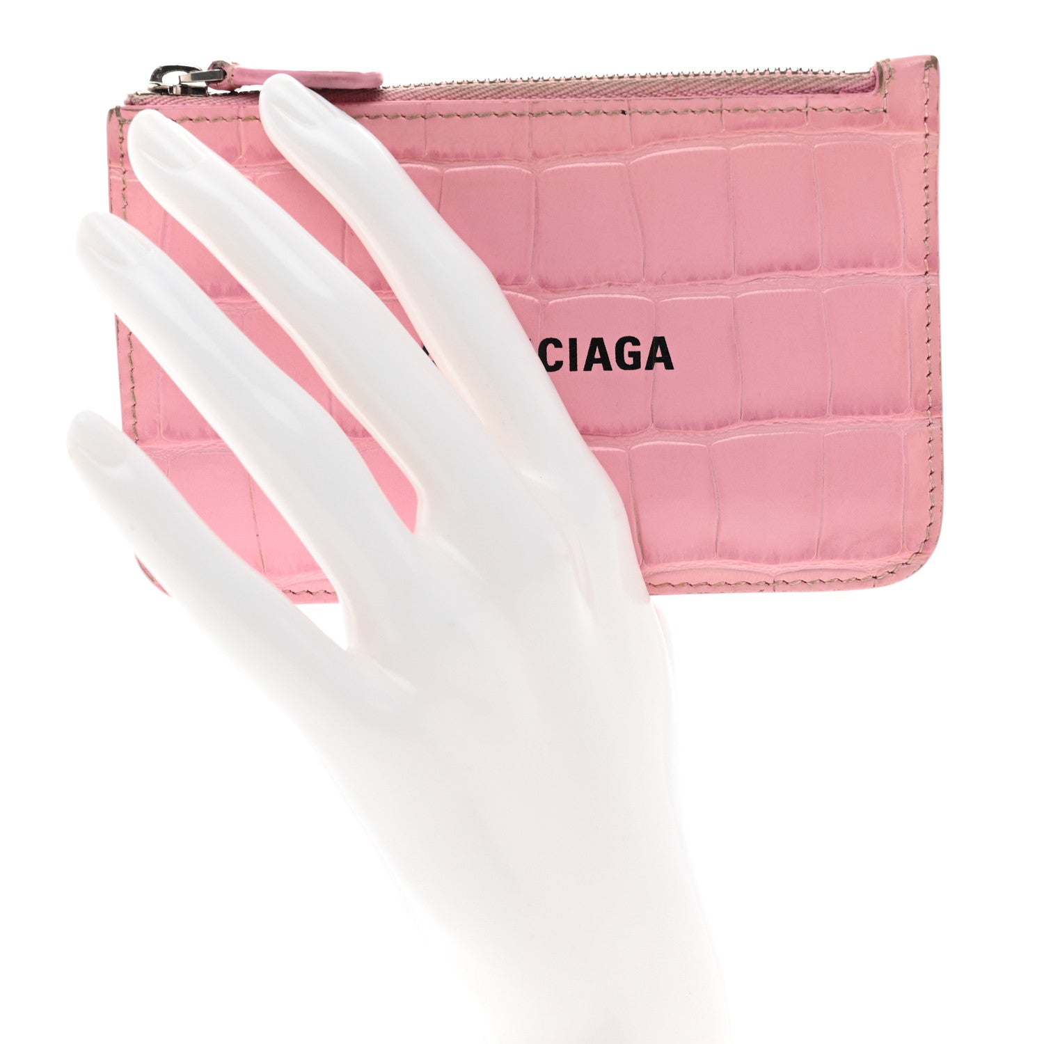 Balenciaga Shiny Calfskin Logo Crocodile Embossed Large Cash Long Coin Card Holder Pink Black 2 of 8