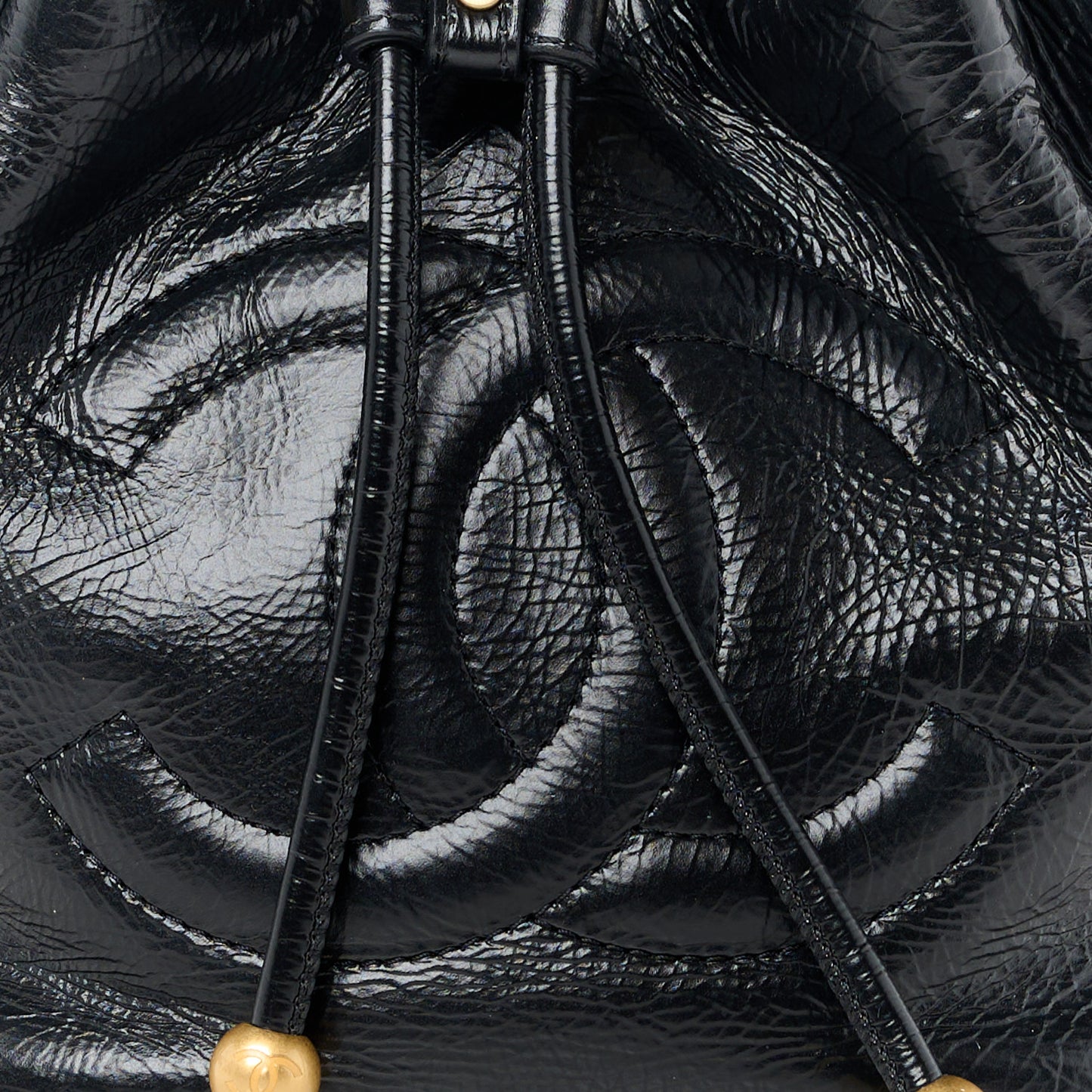 Shiny Aged Calfskin CC Chain Mini Drawstring Bag Black