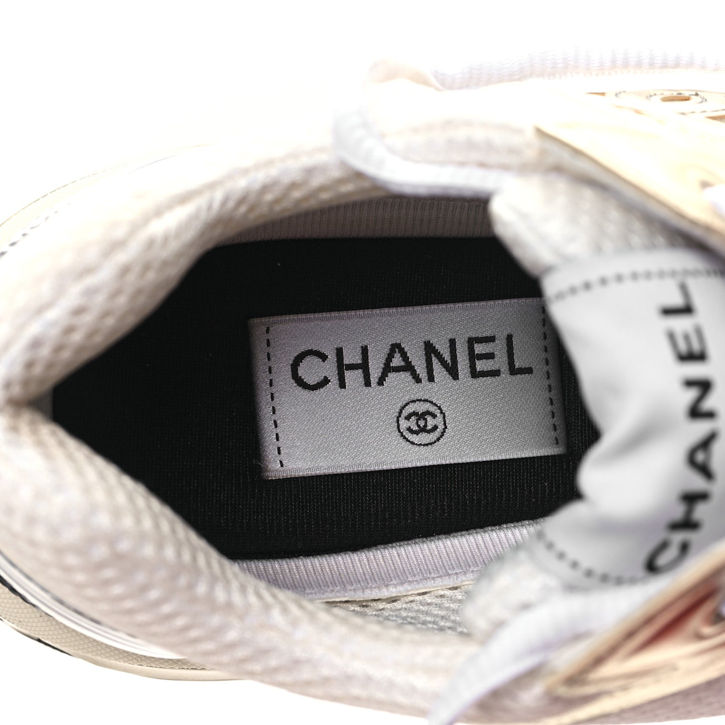Fabric Laminated Calfskin Stretch CC Womens Sneakers 38.5 White Gold Silver