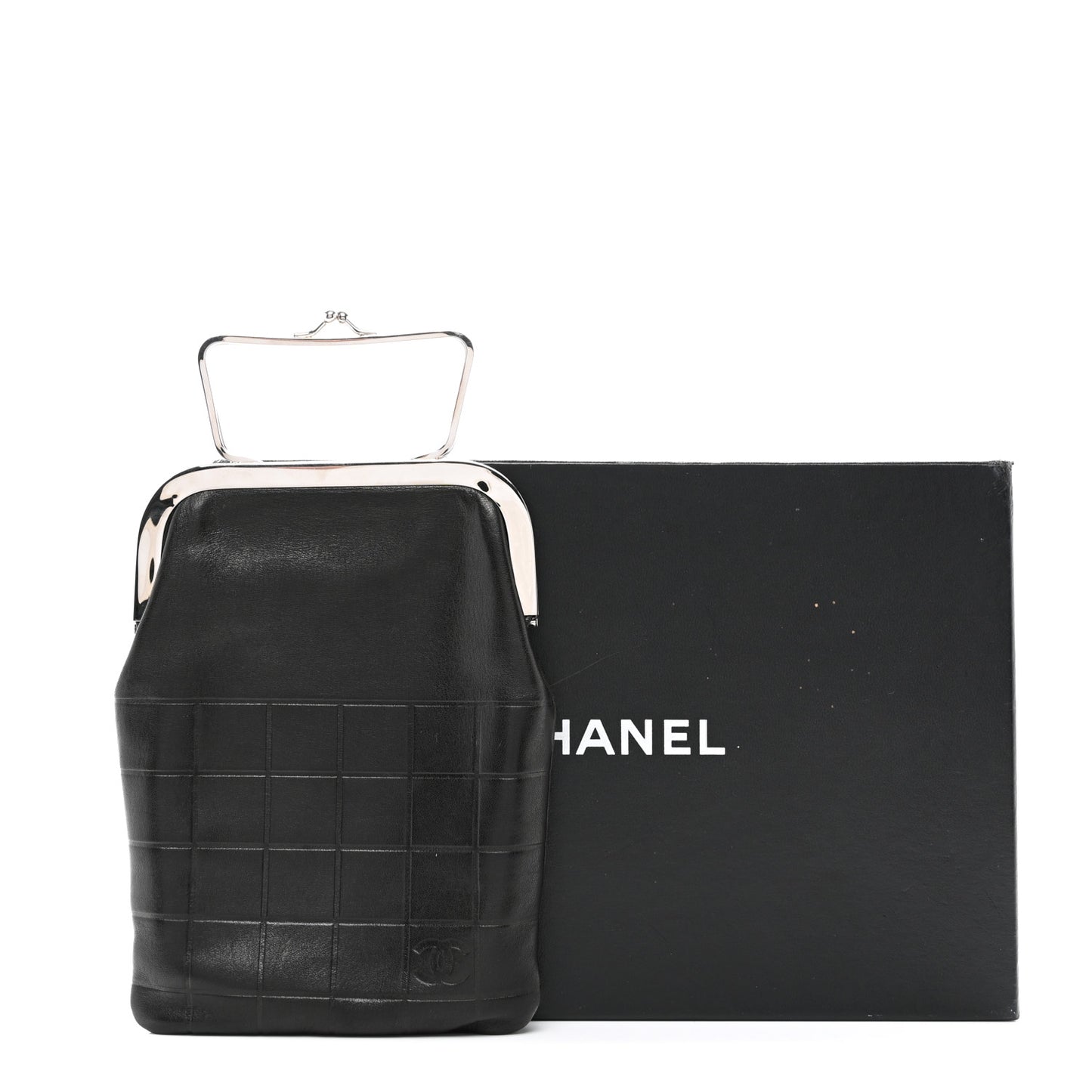 Lambskin Chocolate Bar Kisslock Frame Clutch Black