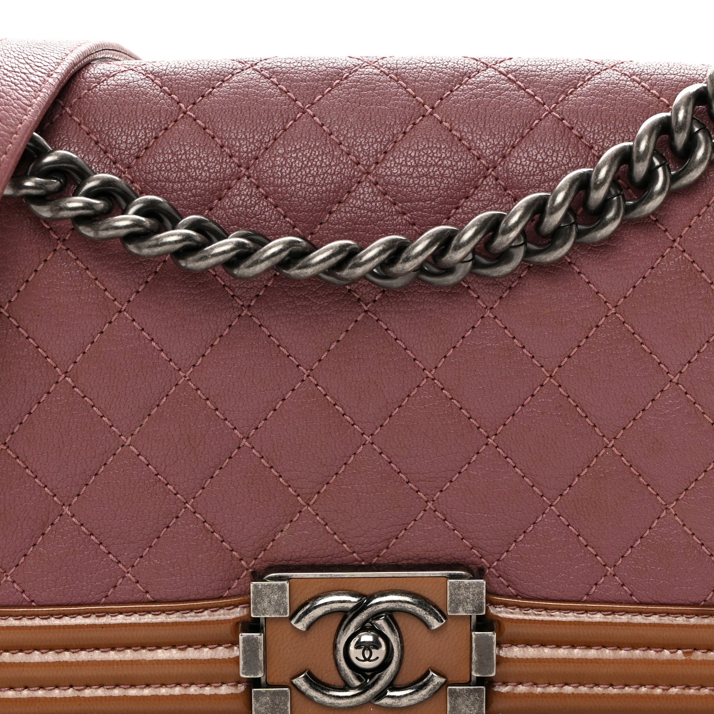 Goatskin Quilted Patent Medium Duo Boy Flap Pink Tan