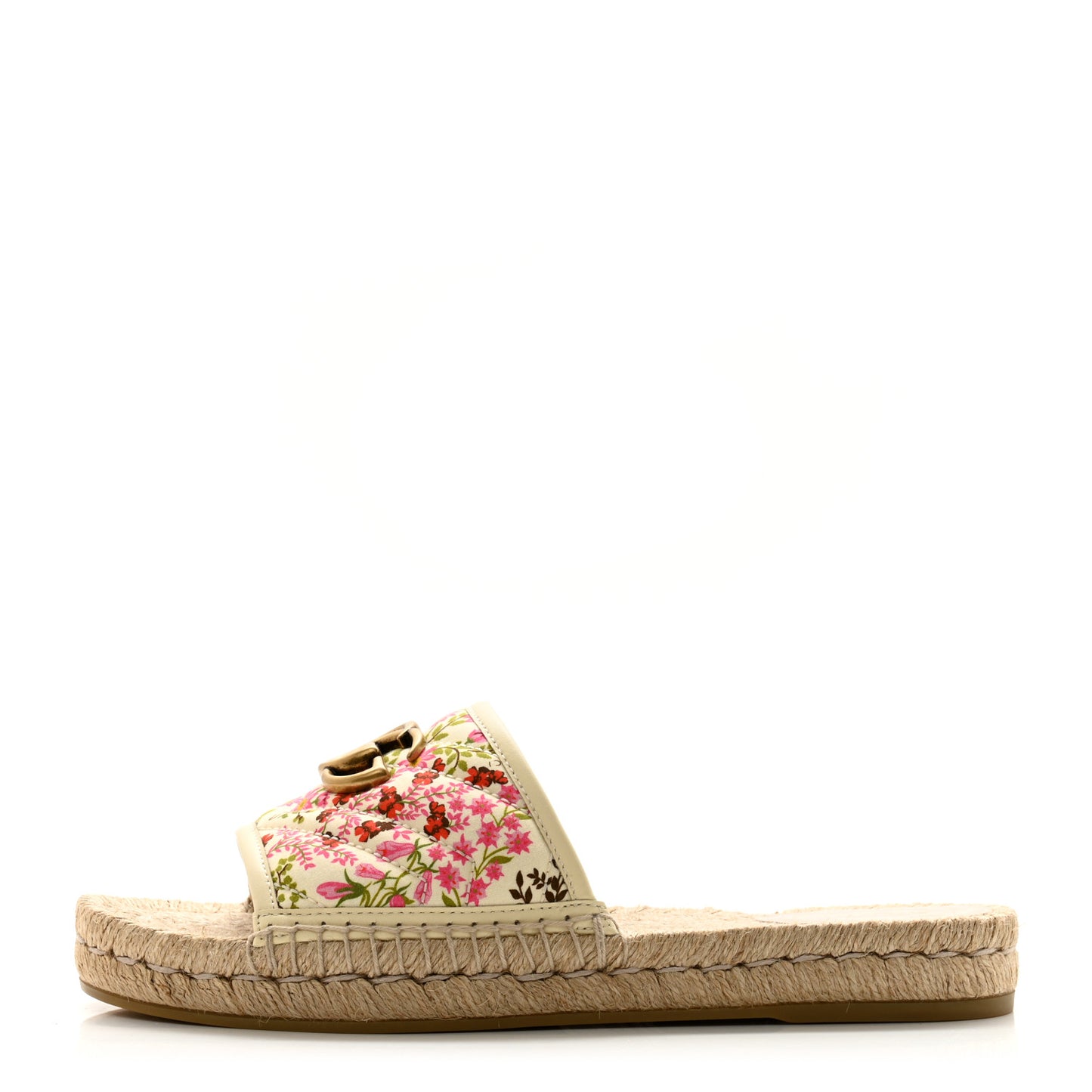 Nappa Matelasse Diagonal Floral Print GG Marmont Pilar Espadrille Slide Sandals 39 Ivory Pink