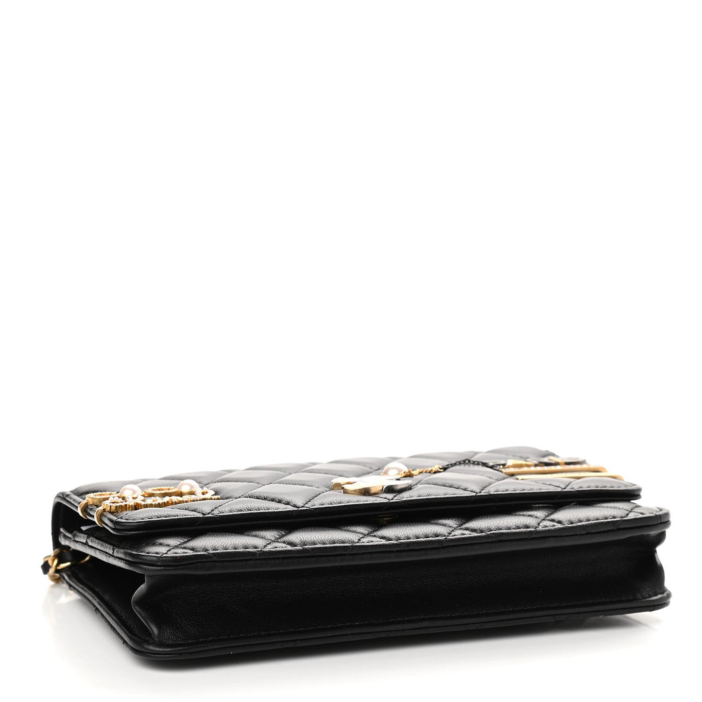 Lambskin Quilted Coco Clips Wallet On Chain WOC Black