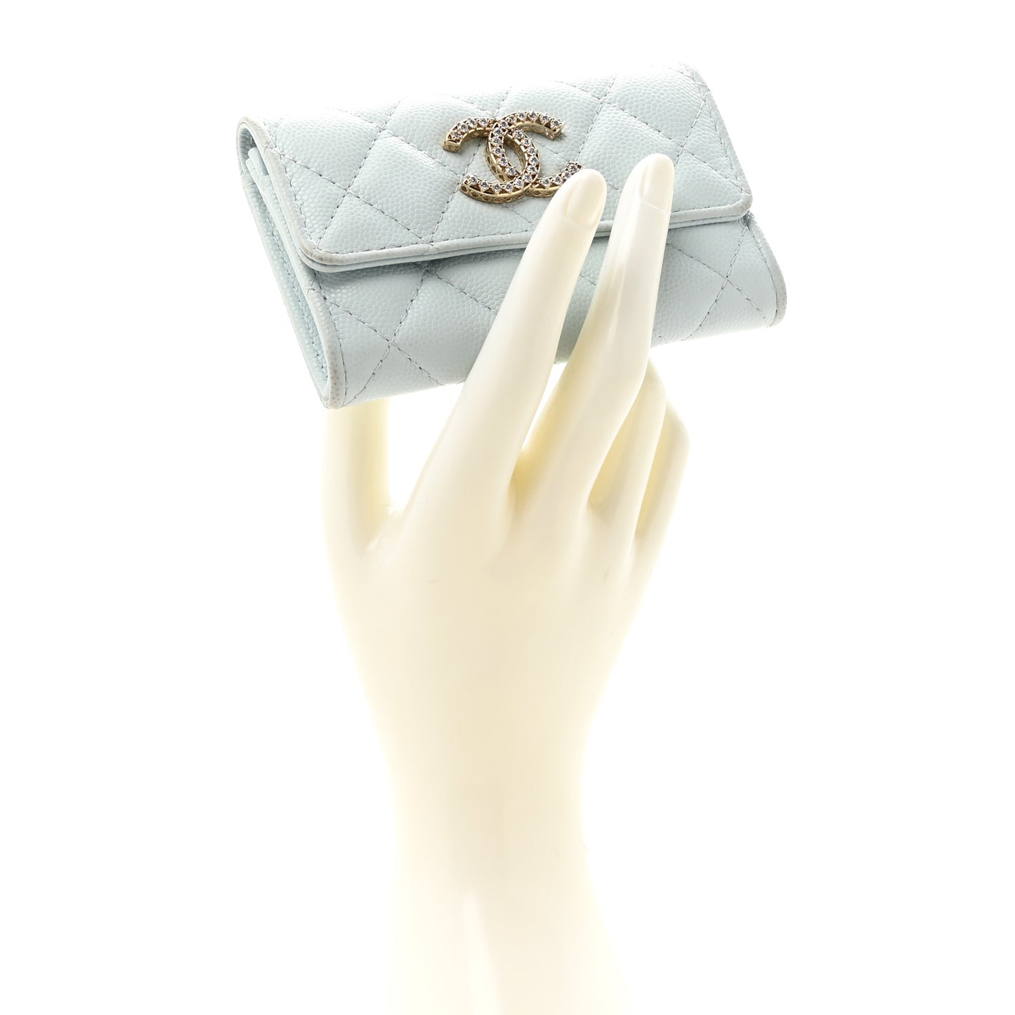 Shiny Caviar Quilted Crystal CC Flap Card Holder Light Blue