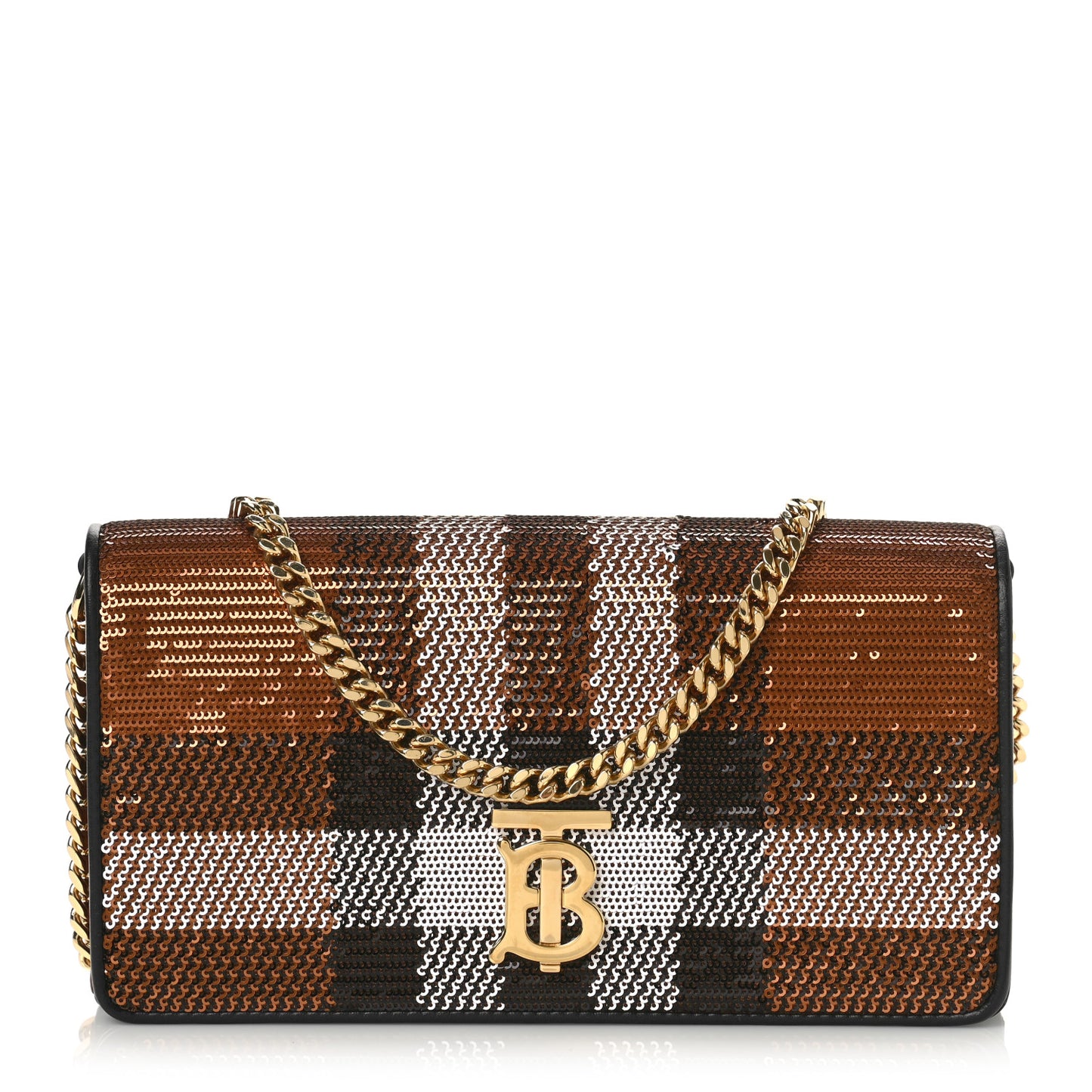 Calfskin Sequin Check Embellished TB Lola Chain Wallet Dark Birch