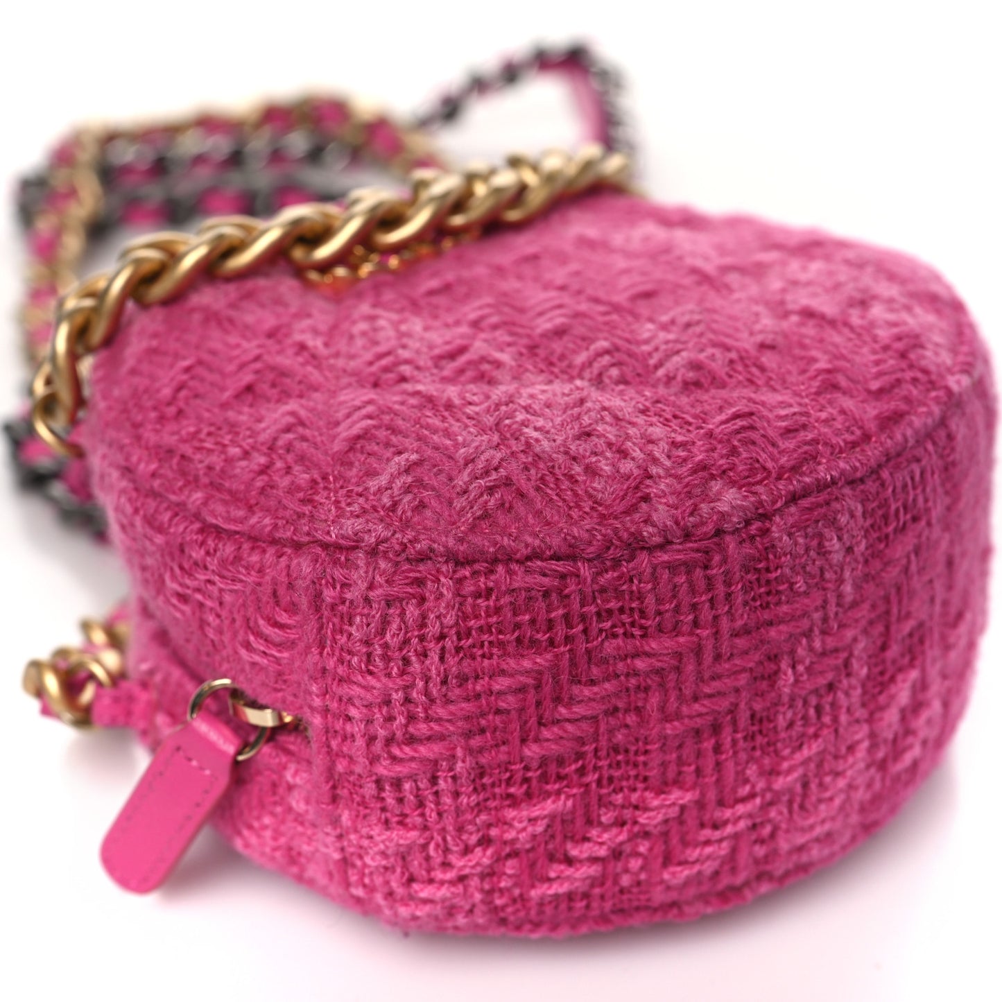 Wool Tweed Lambskin Quilted Chanel 19 Round Clutch With Chain and Coin Purse Fuchsia