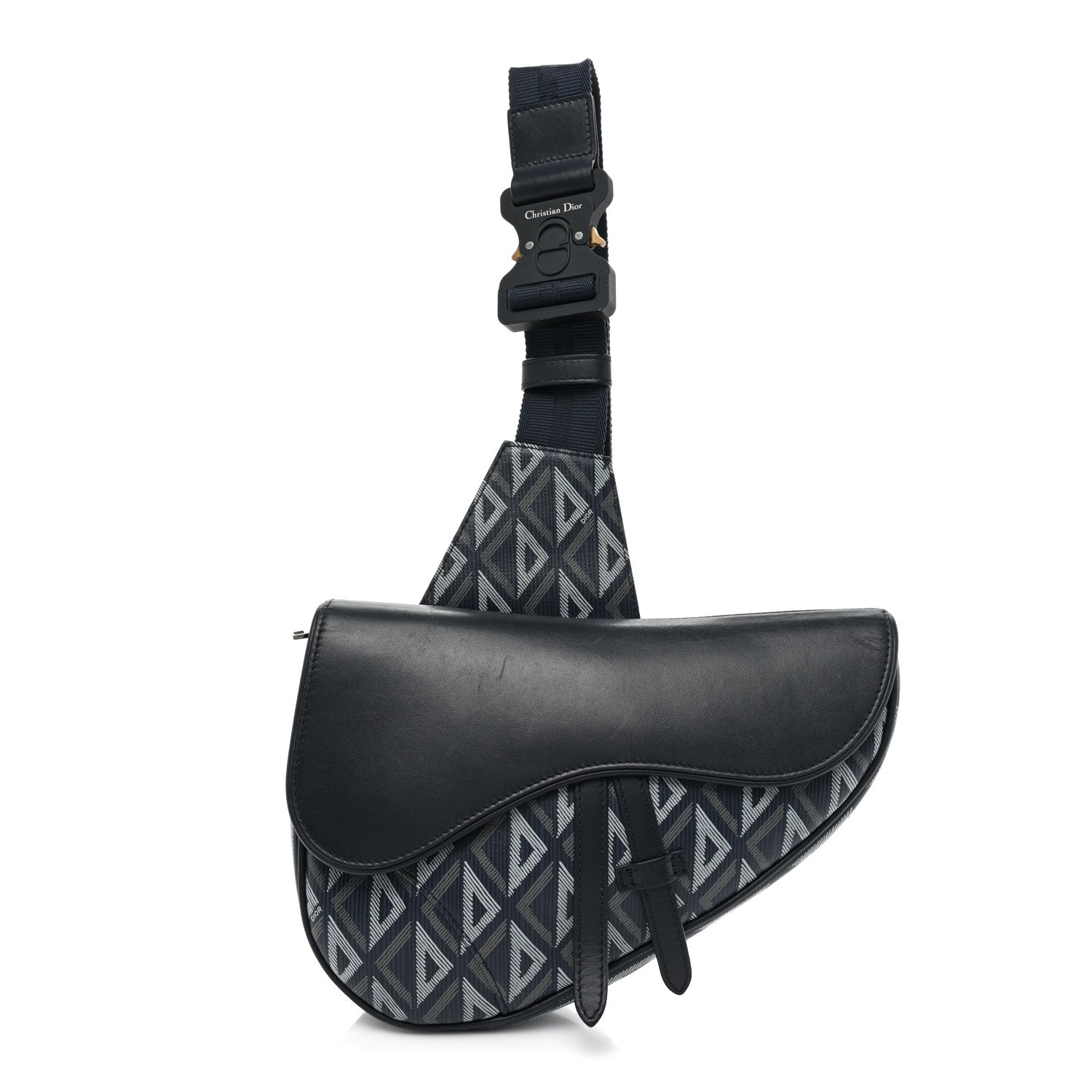 Christian Dior Coated Canvas Calfskin CD Diamond Mens Saddle Bag Navy 1 of 11