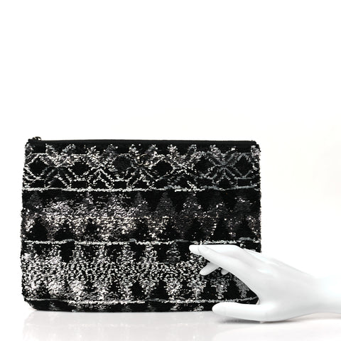 Sequin Wool Quilted Cosmetic Pouch Black Silver