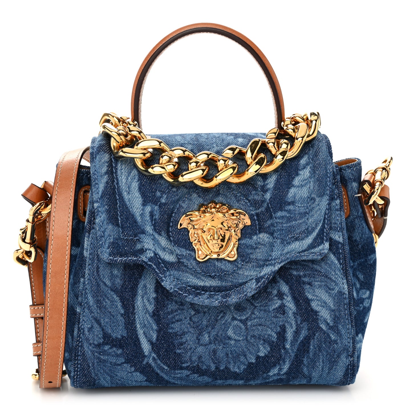 Denim Barocco Small La Medusa Chain Top Handle Handbag Blue Camel