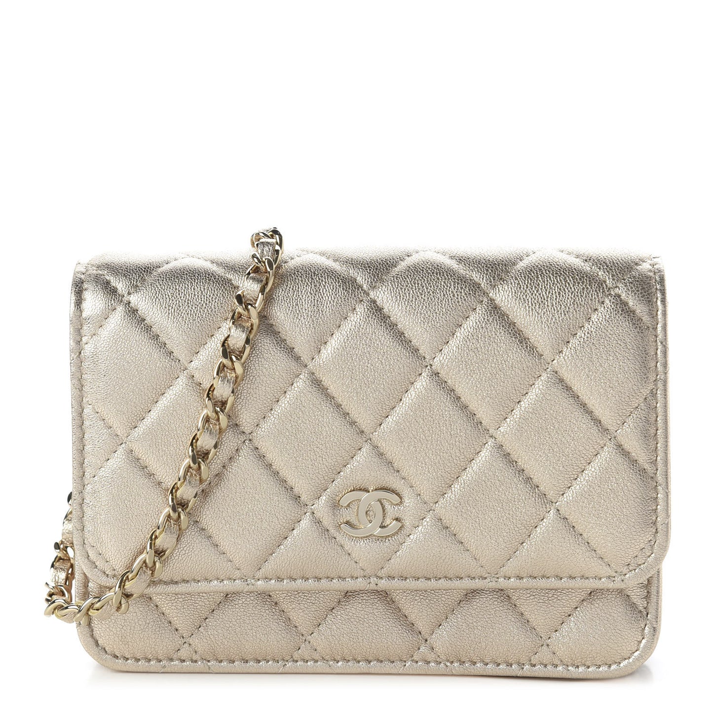 Metallic Lambskin Quilted Mini Wallet On Chain WOC Gold