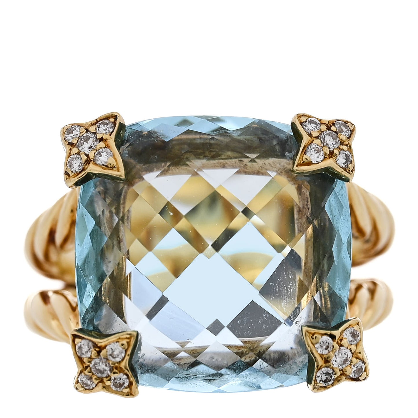18K Yellow Gold Diamond Blue Topaz 15mm Cushion On Point Ring 52 6