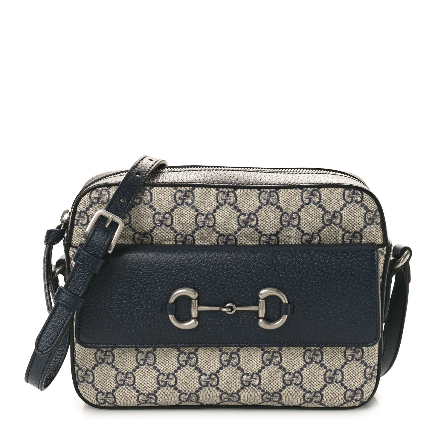 GG Supreme Monogram Textured Dollar Calfskin Small Horsebit 1955 Shoulder Bag Beige Blue
