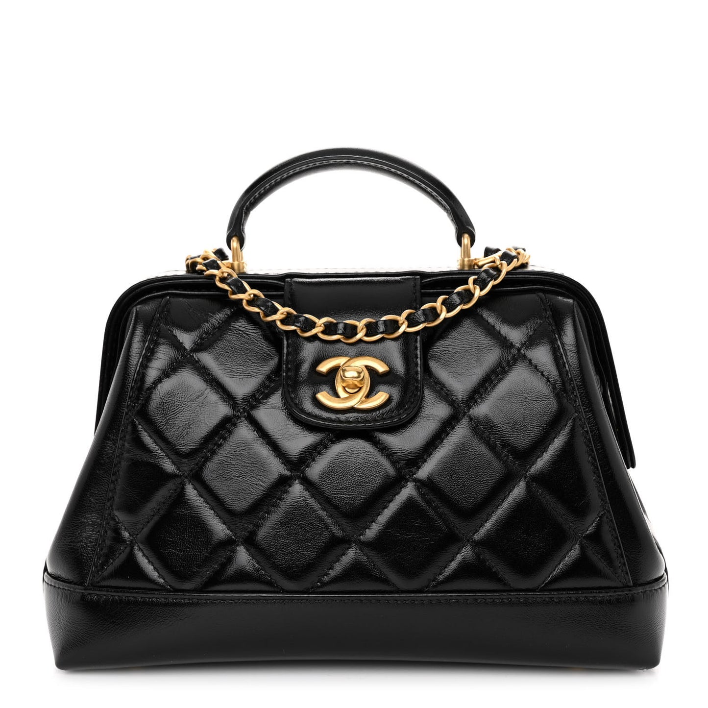 Shiny Lambskin Quilted Small Cocodoc Top Handle Bag Black