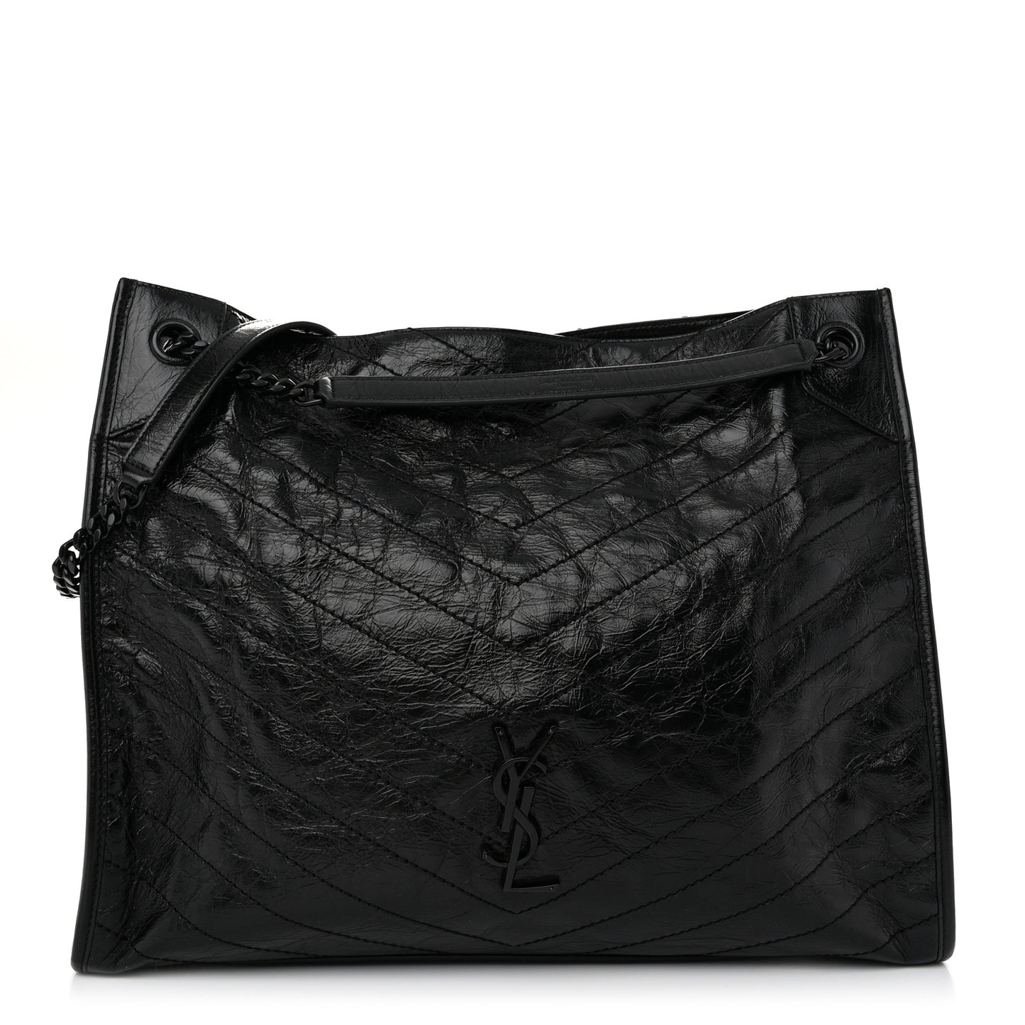 Crinkled Calfskin Matelasse Monogram Large Niki Shopper Tote Black
