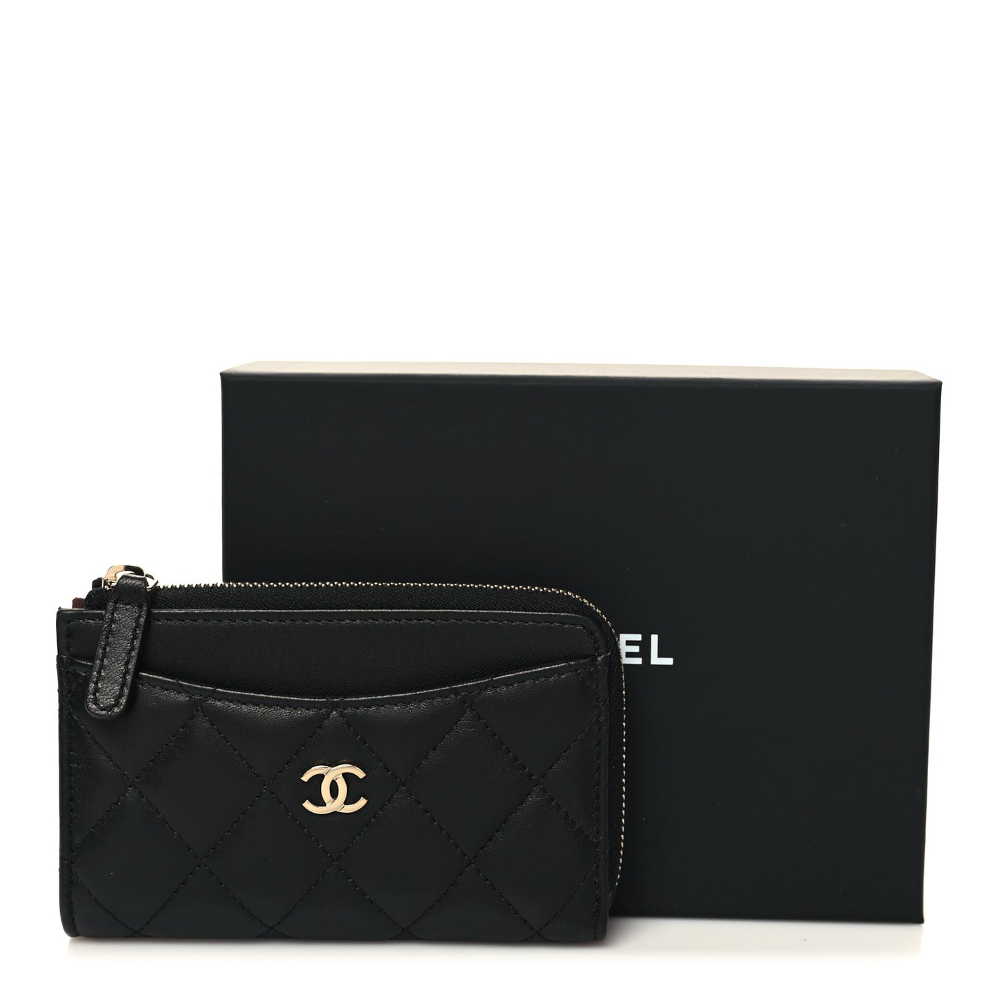 Lambskin Quilted Zip Card Holder Black