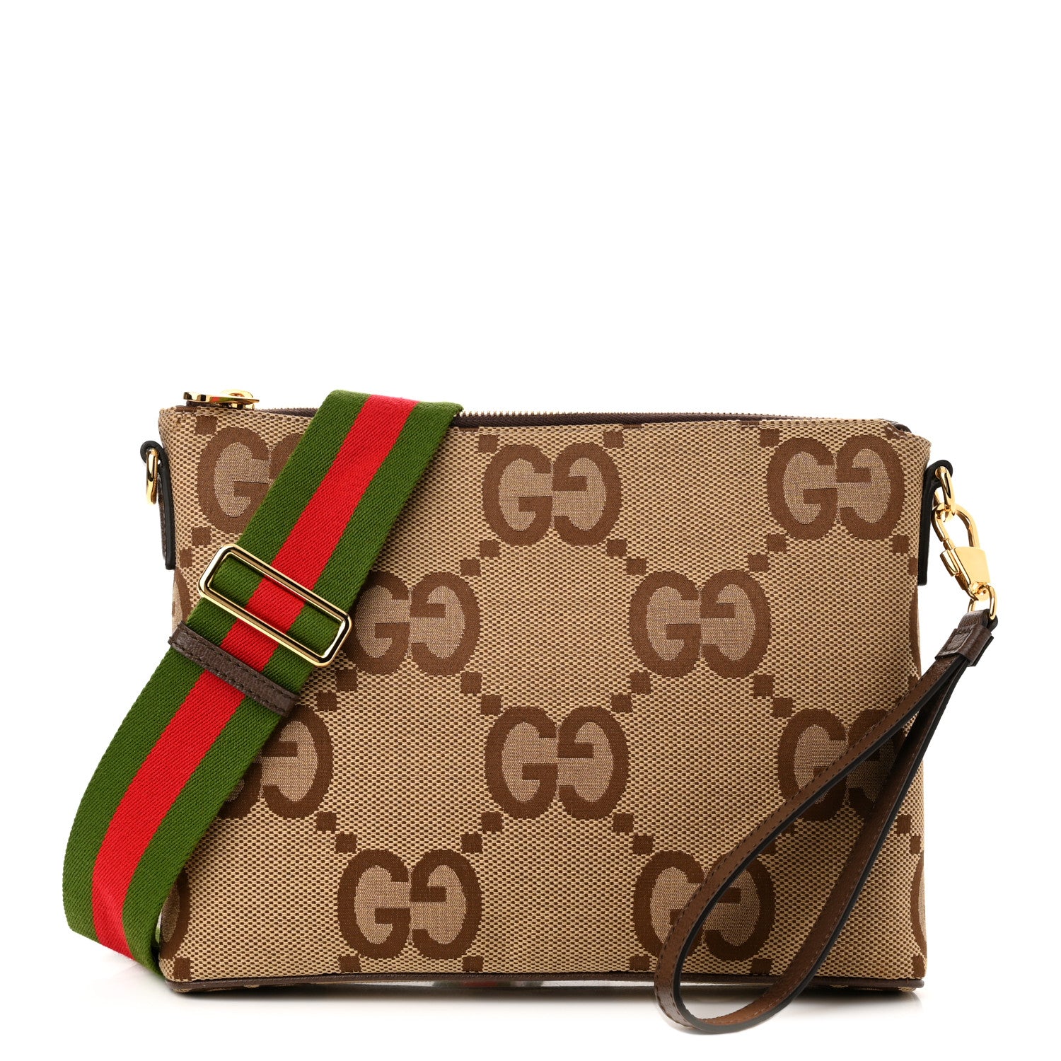 Gucci Monogram Jumbo GG Textured Dollar Calfskin Web Wristlet