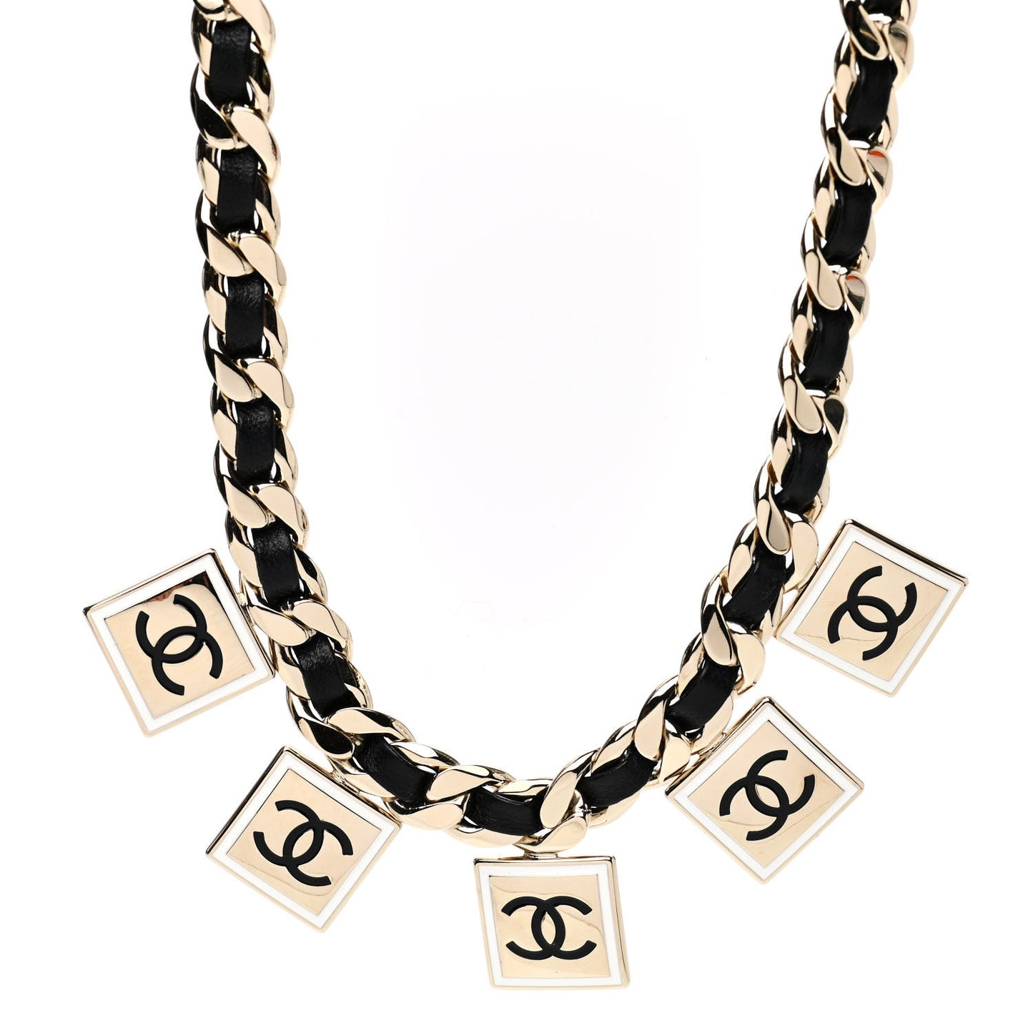 Metal Lambskin CC Square Charms Choker Gold Black White