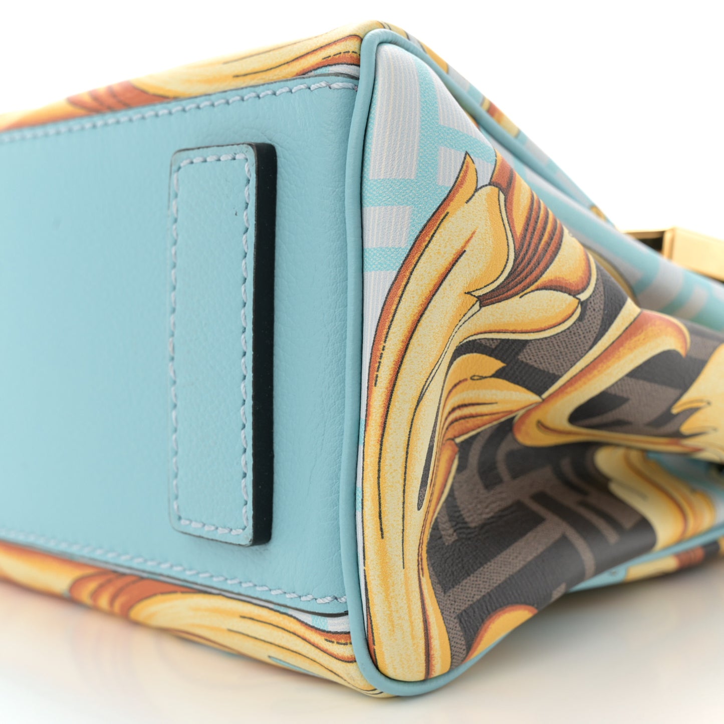 X FENDI Grained Calfskin Fendace La Medusa Medium Top Handle Bag Baby Blue Multicolor