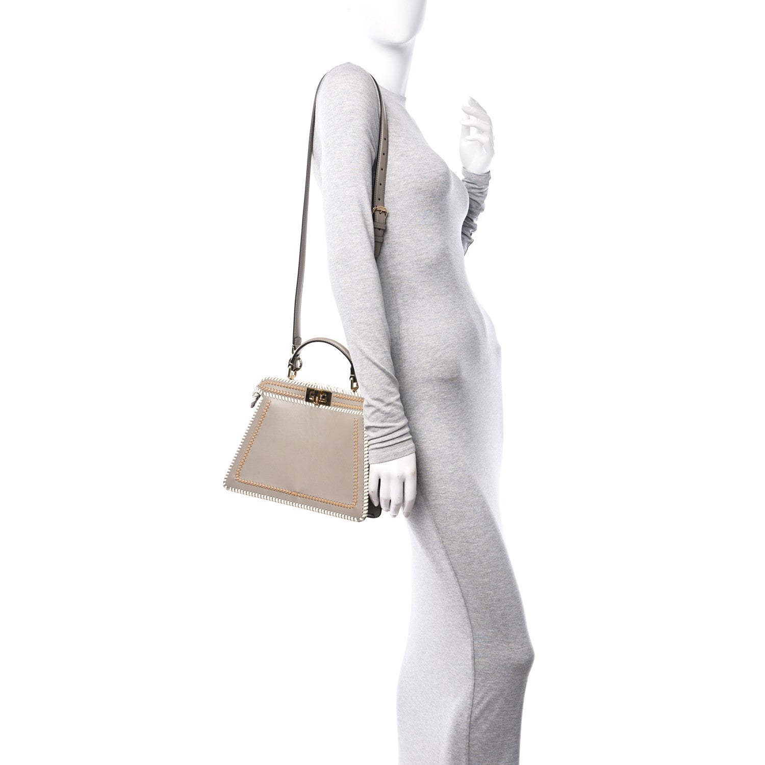 Fendi Vitello Grace Shiny Nappa Helix Woven Small Peekaboo I SEE U Satchel Tortora Miele Scuro White Rice 2 of 9