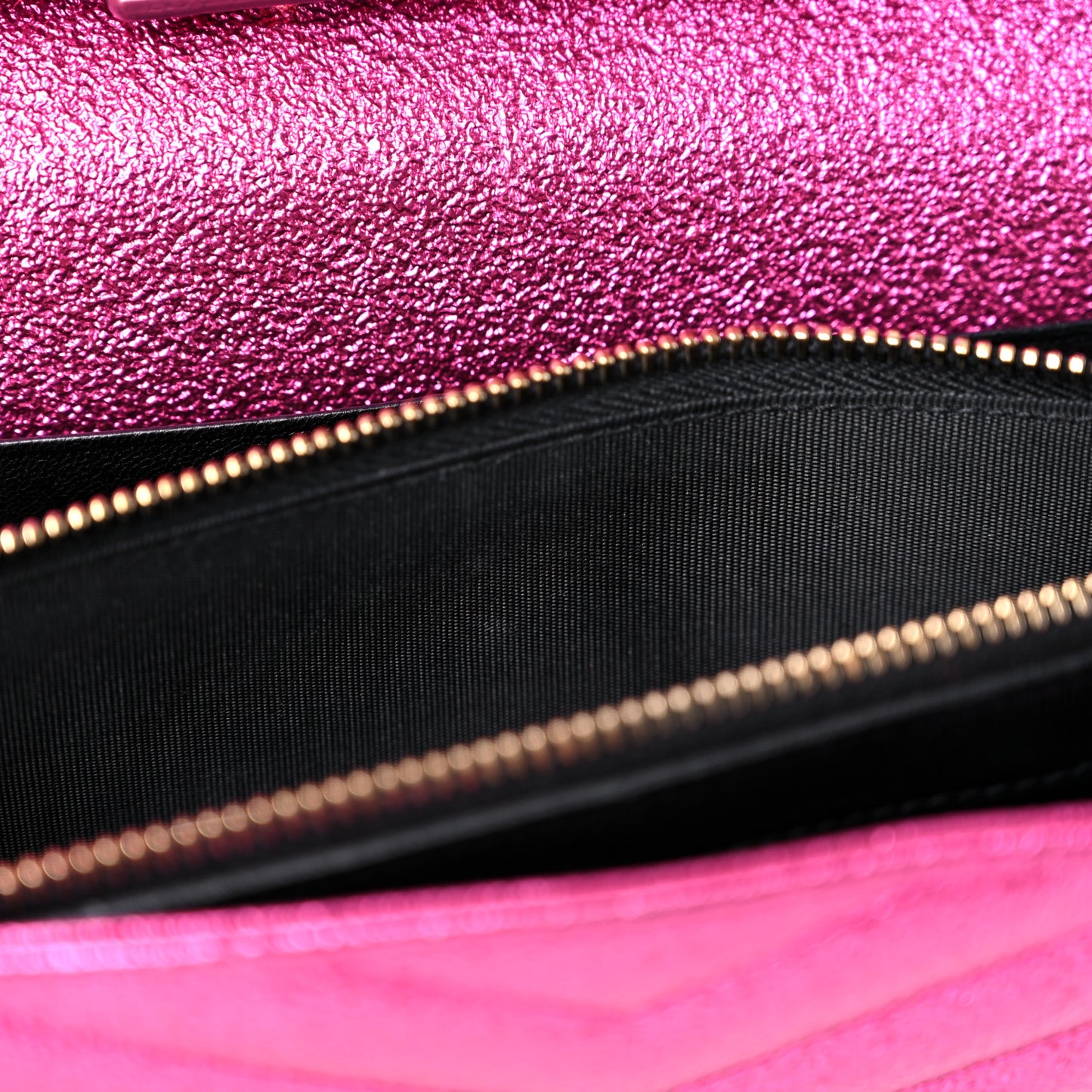 Metallic Crackled Calfskin Matelasse Chevron Monogram Chain Wallet Fuchsia