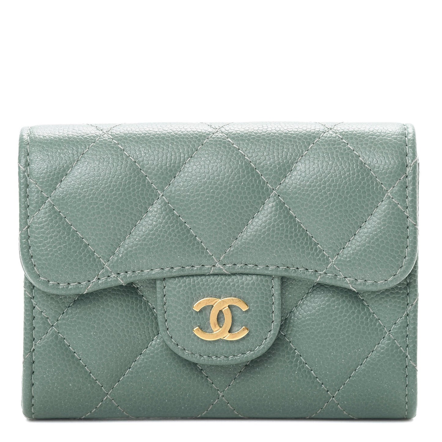 Iridescent Caviar Quilted Flap Card Holder Wallet Light Blue