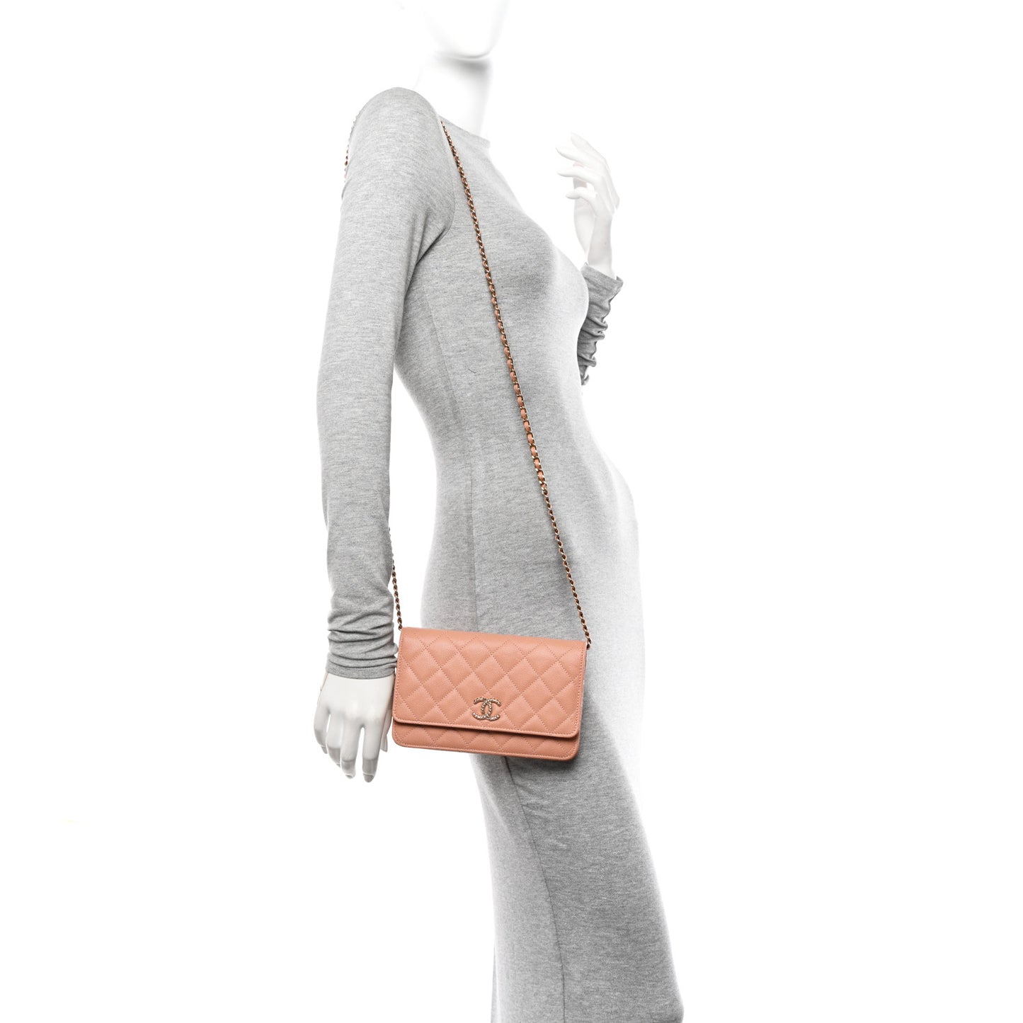 Caviar Quilted Perforated Metal CC Wallet On Chain WOC Beige