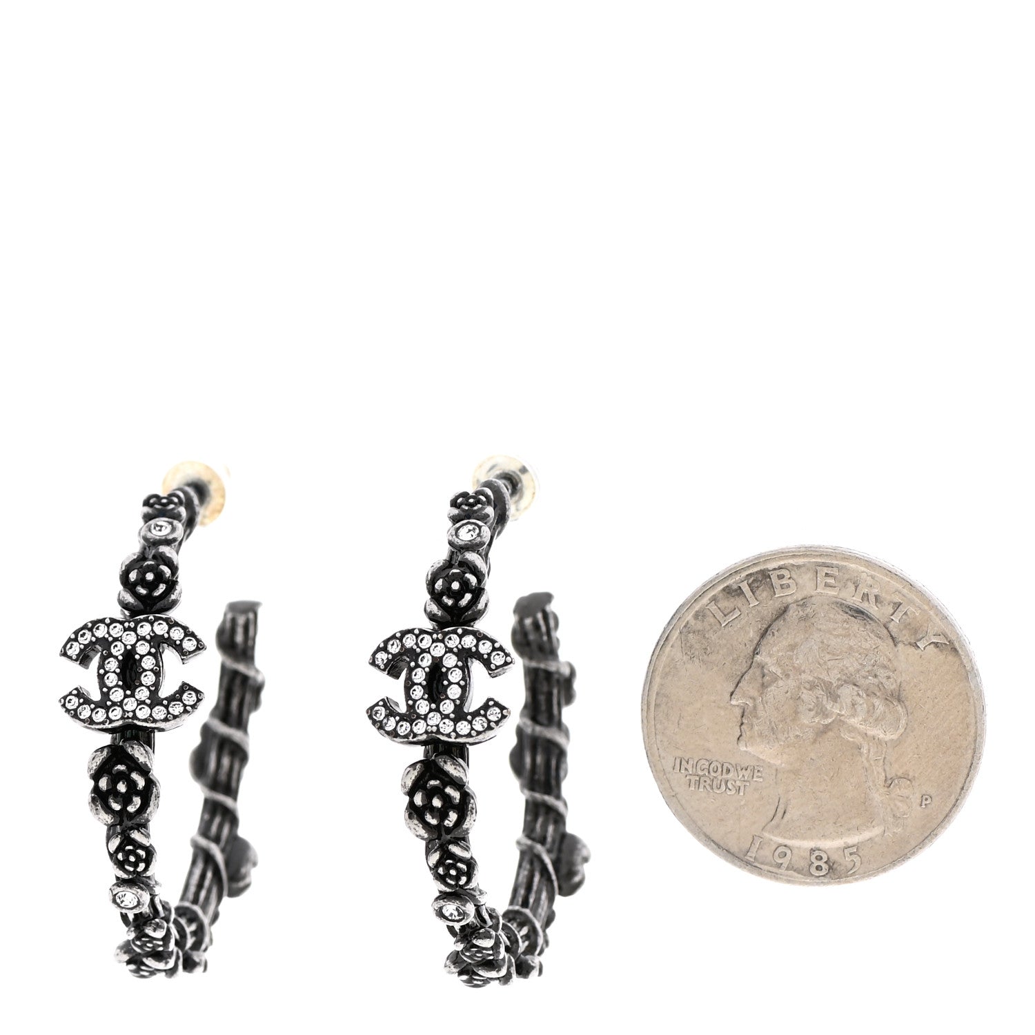 Chanel Crystal Camellia CC Hoop Earrings Ruthenium 2 of 5