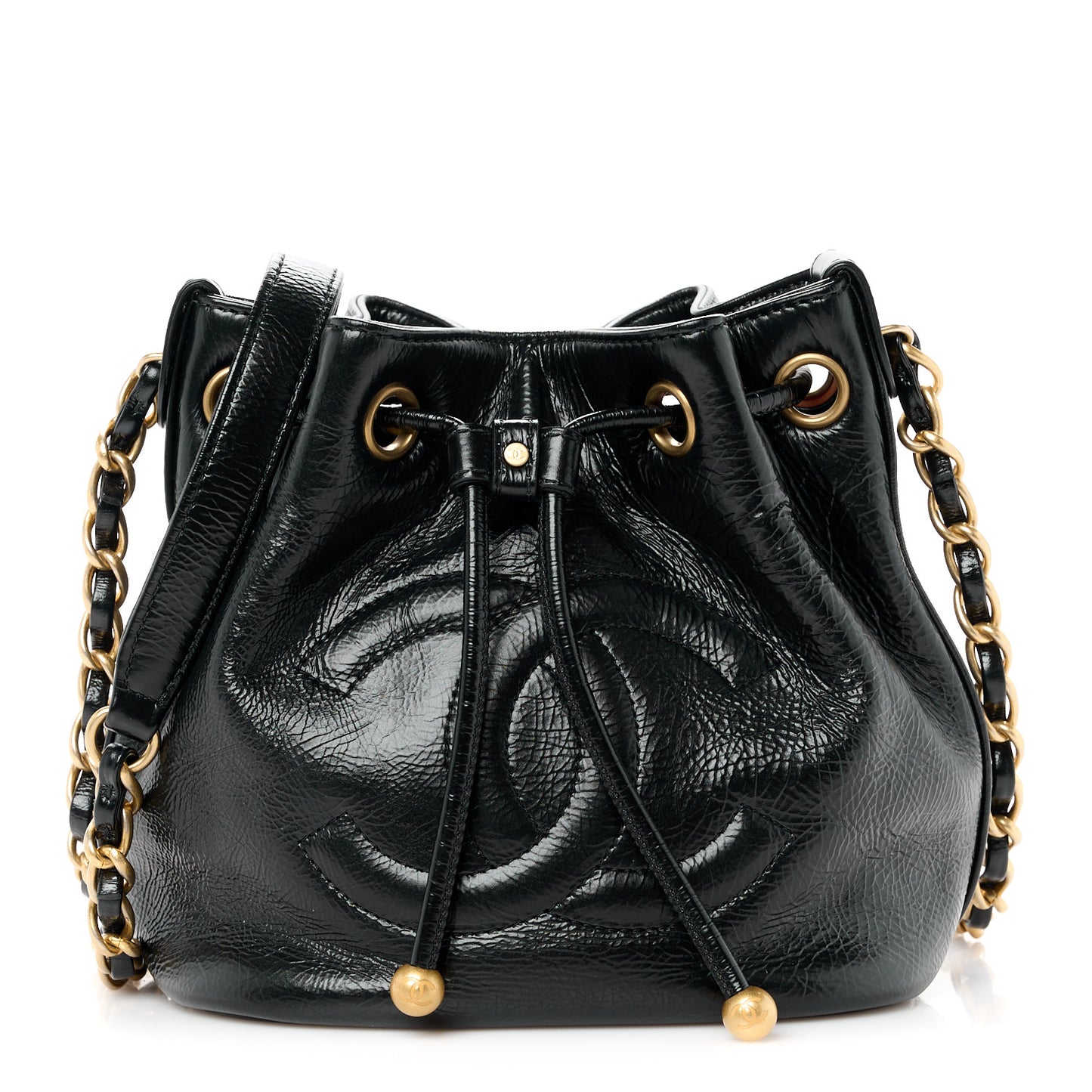 Shiny Aged Calfskin CC Chain Mini Drawstring Bag Black