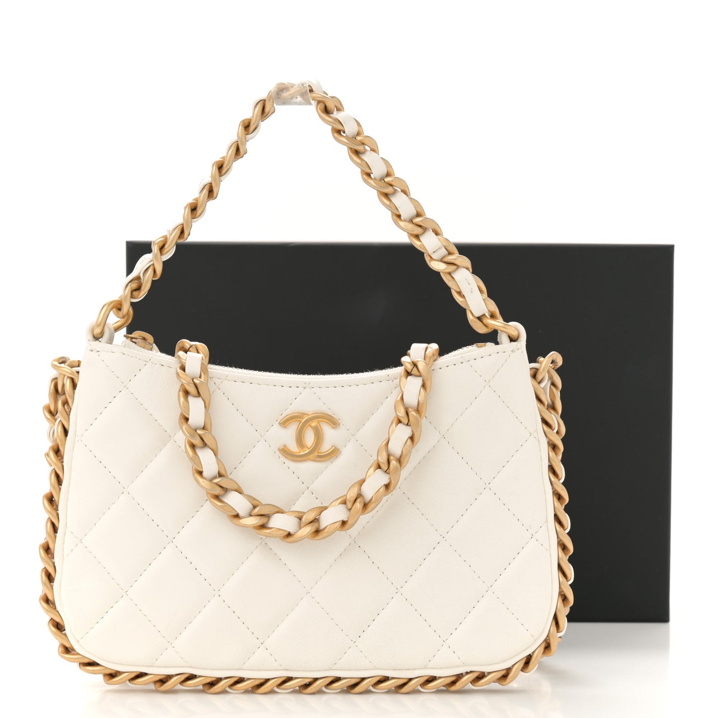 Shiny Crumpled Lambskin Quilted Trendy Chain Around Hobo White