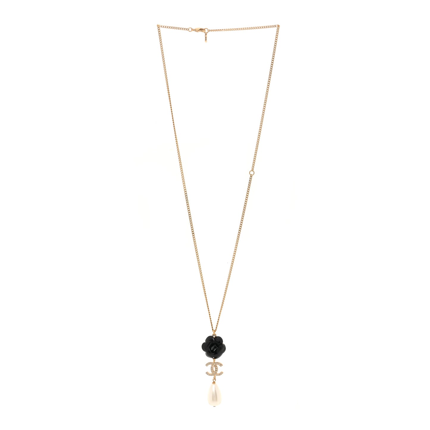 Enamel Crystal Pearl CC Camellia Necklace Gold Black