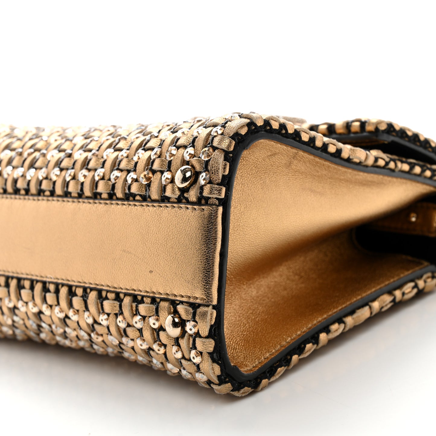 Metallic Calfskin Sequin Crystal Embroidered Mini Vsling Top Handle Bag Gold Multicolor