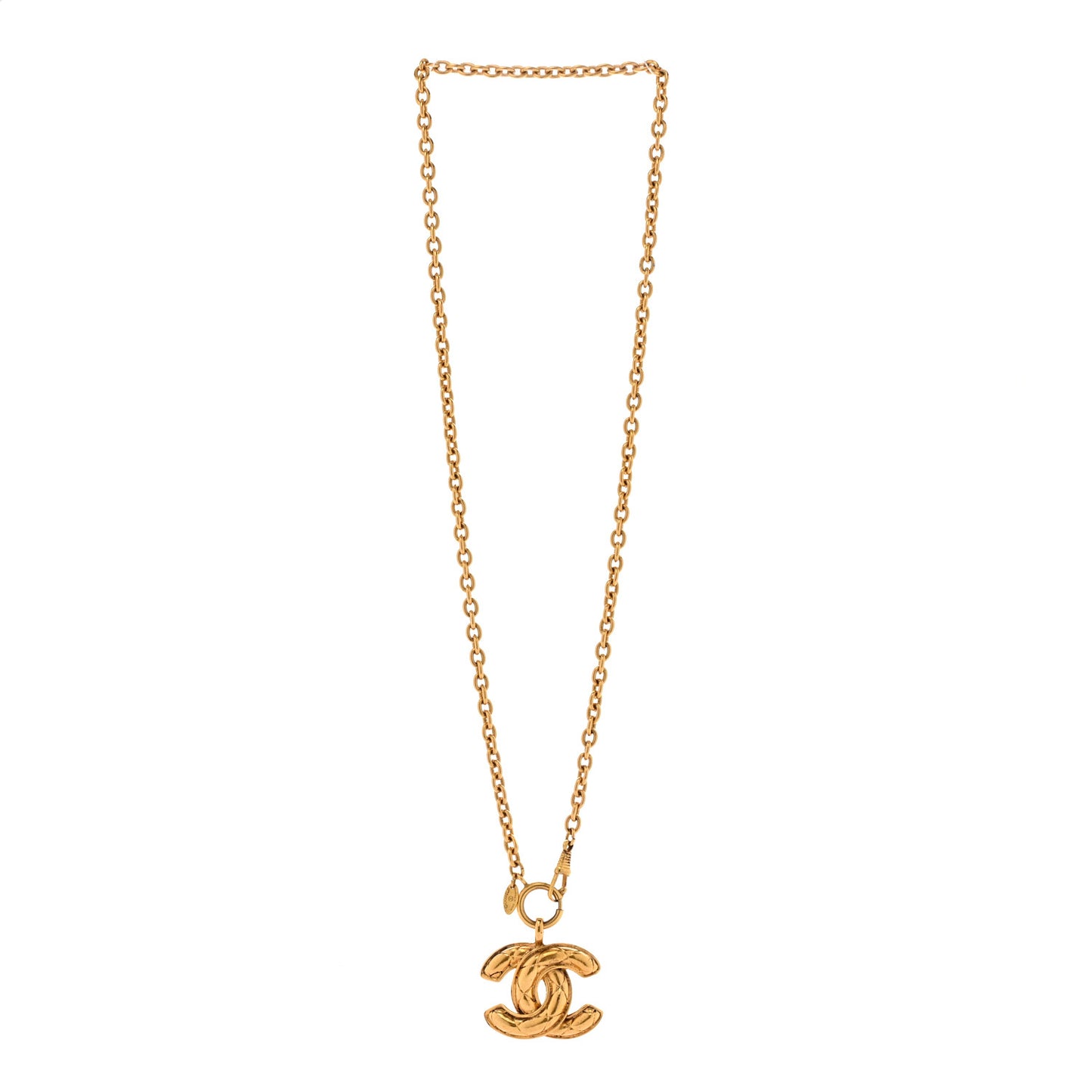 Metal Quilted CC Long Necklace Gold