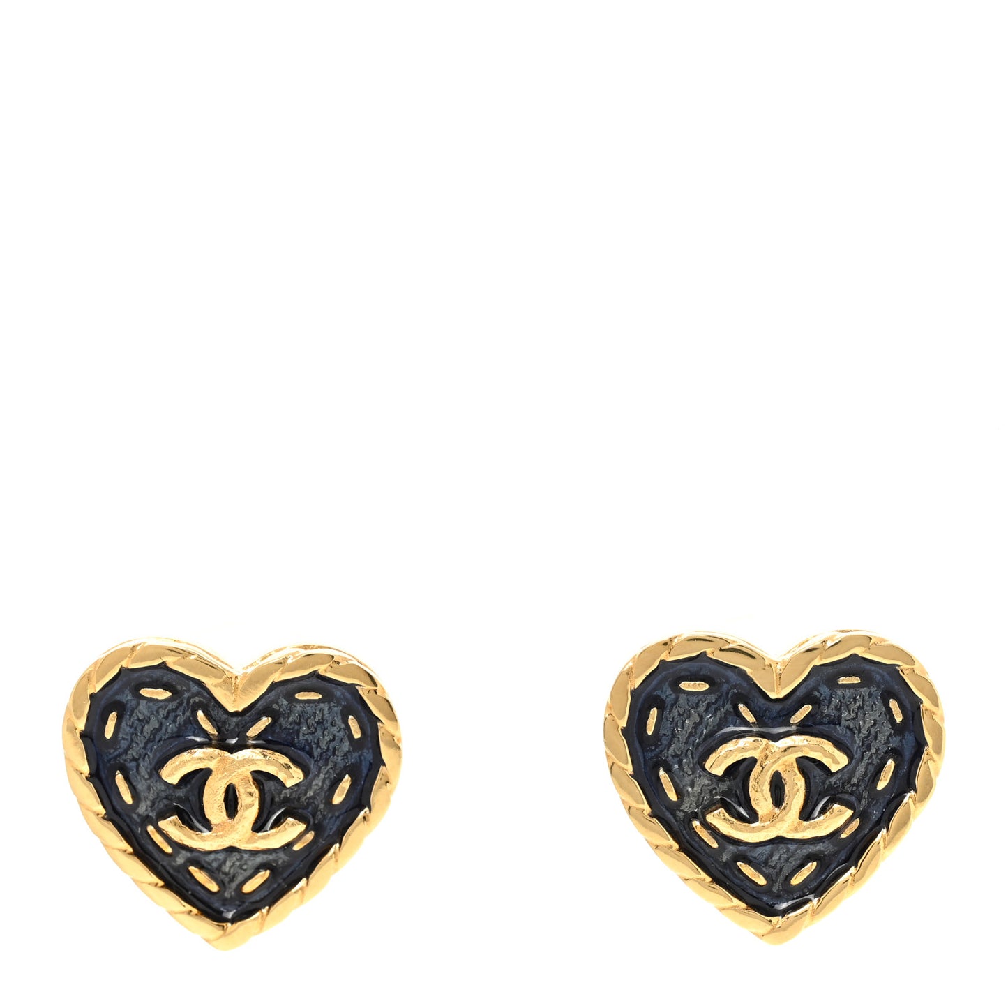 Metal Enamel CC Denim Heart Earrings Gold Blue