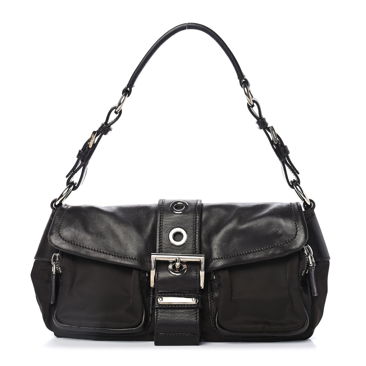Prada Soft Calfskin Nylon Buckle Shoulder Bag Black 831982