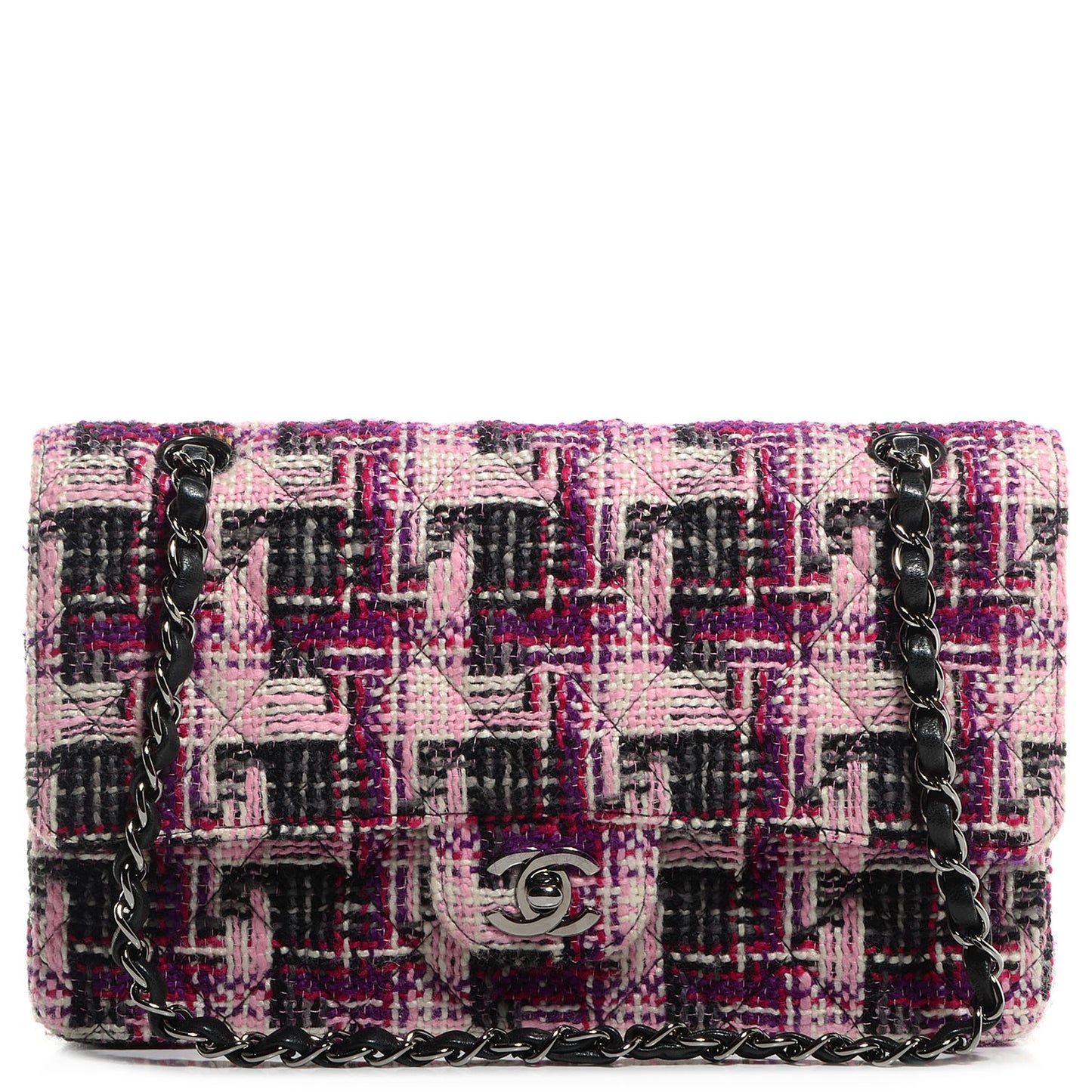Tweed Medium Double Flap Pink Black