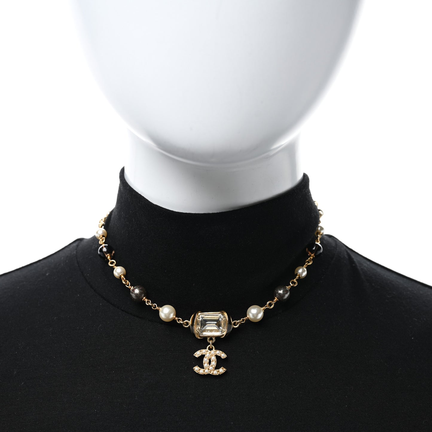 Graduated Pearl Crystal CC Short Necklace Gold Black Grey