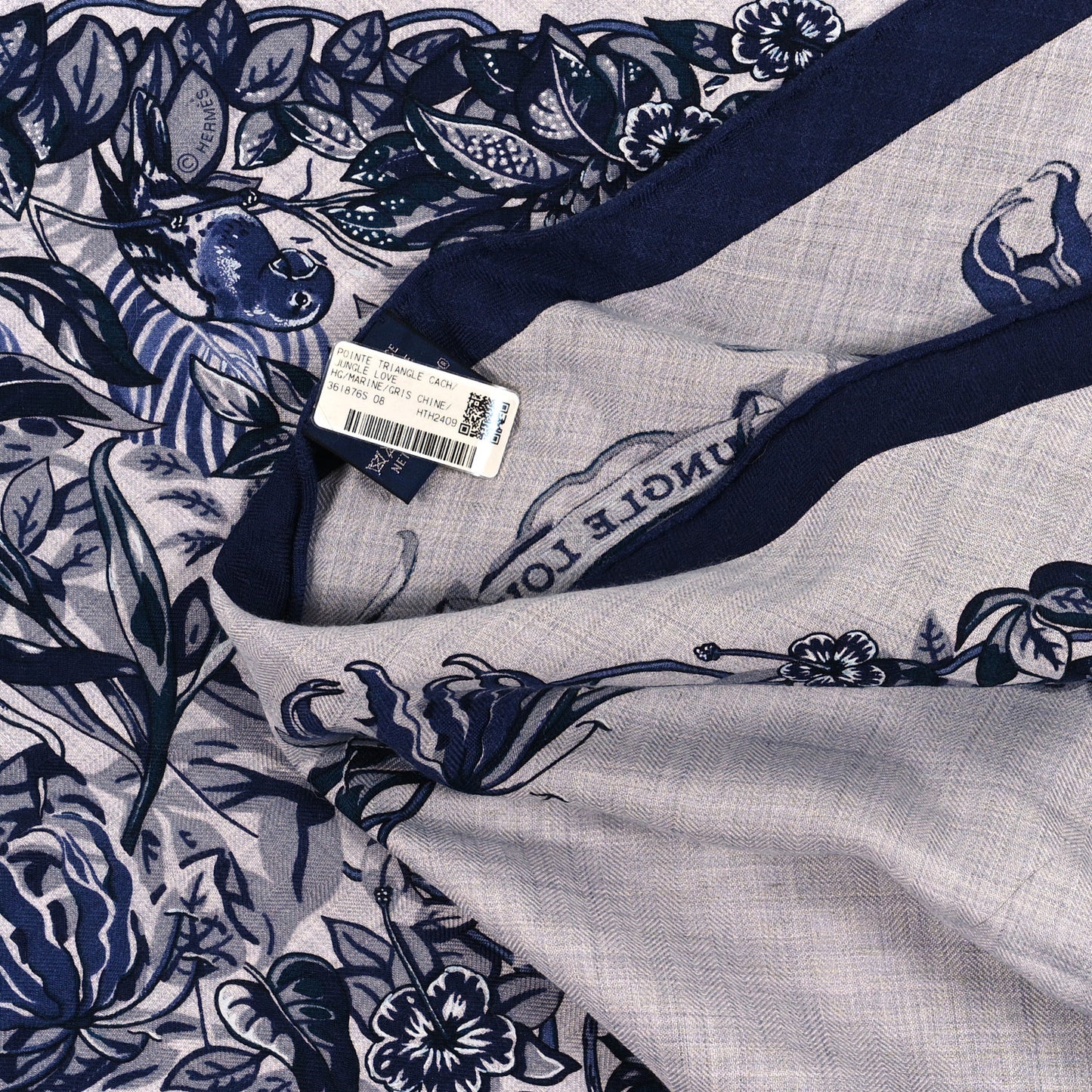 Cashmere Silk Jungle Love Giant Pointe Triangle Scarf Marine Gris Chine Ardoise