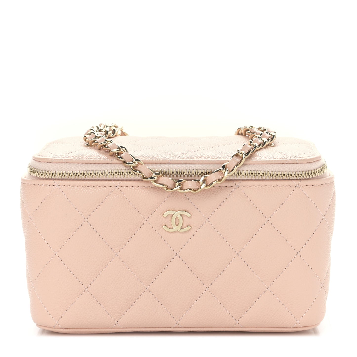 Caviar Quilted Small Vanity Case With Chain Light Beige