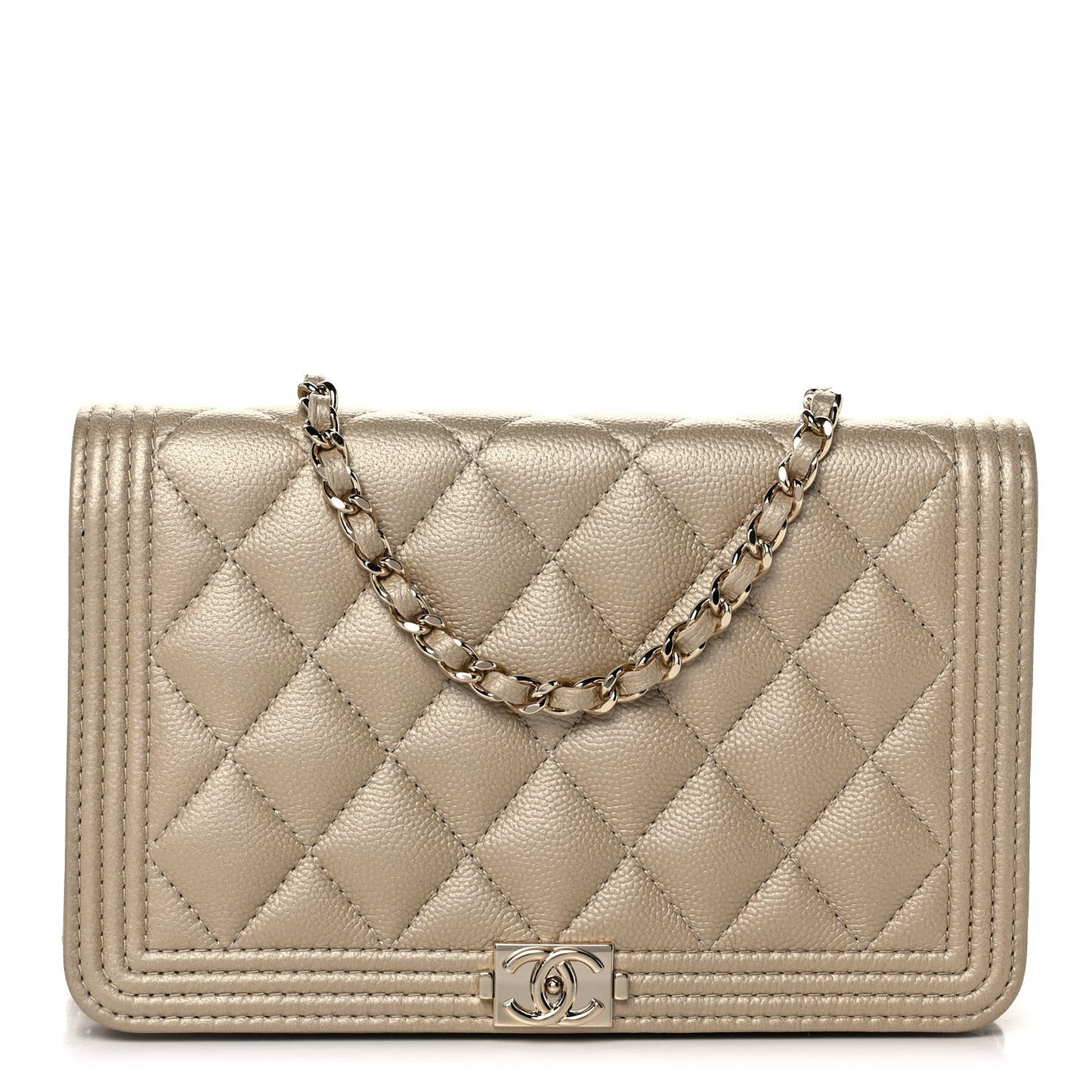 Metallic Caviar Quilted Boy Wallet On Chain WOC Light Gold