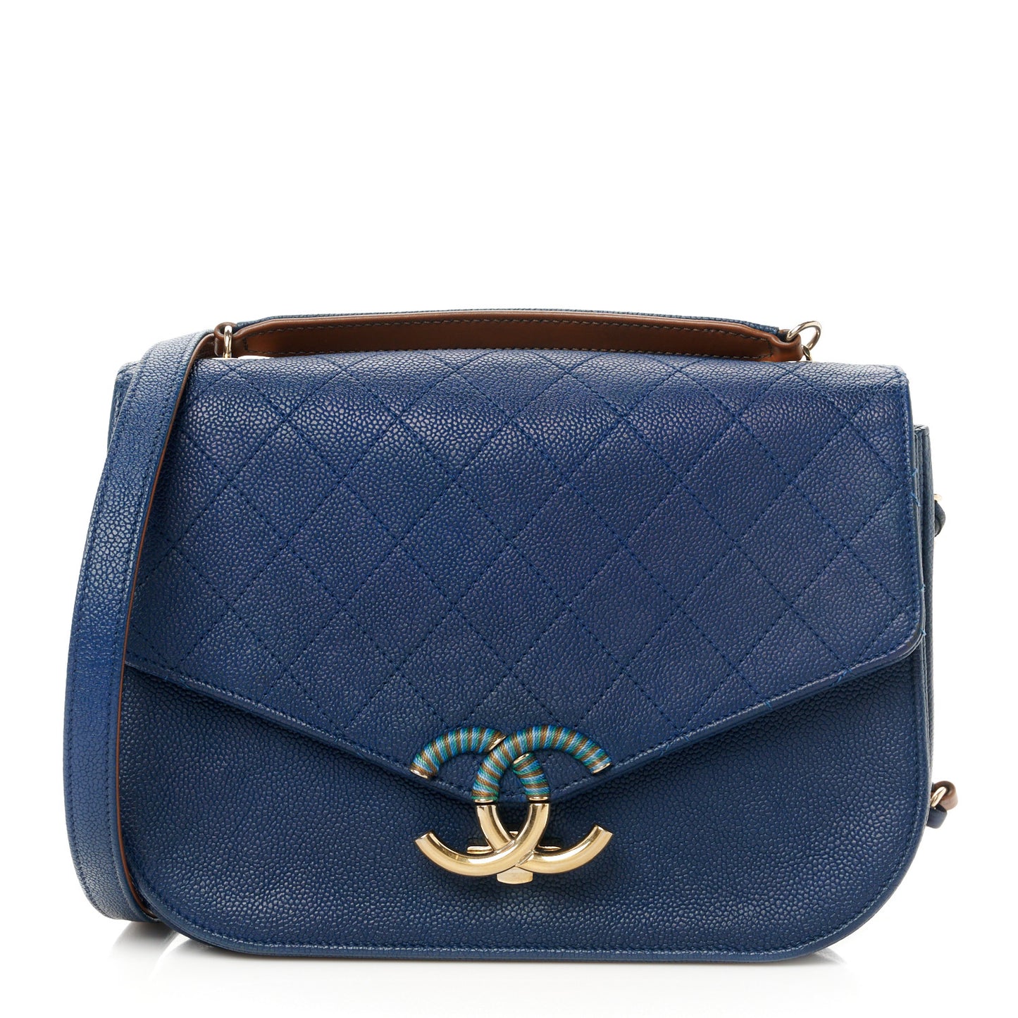 Grained Calfskin Quilted Medium Cuba Top Handle Flap Blue