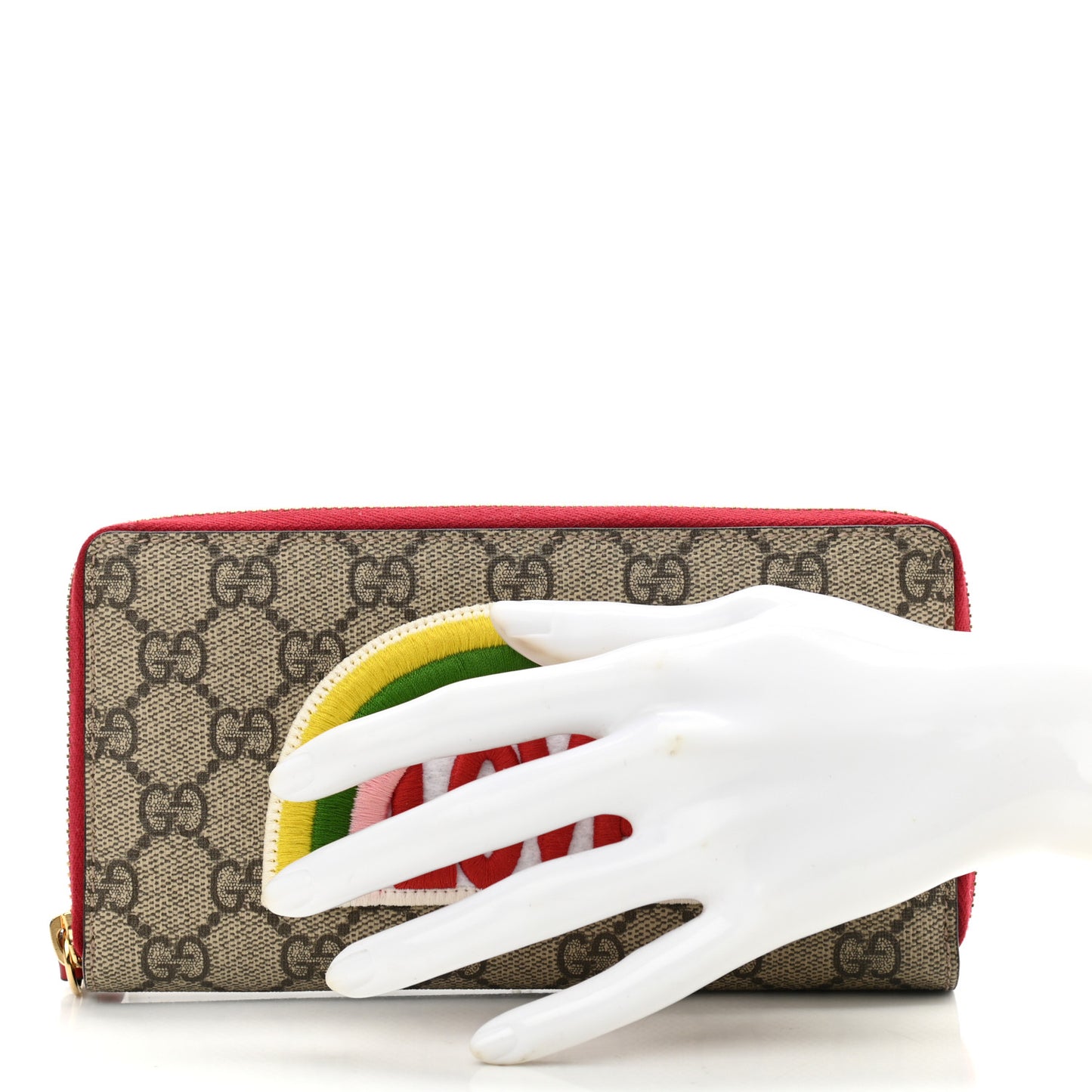 GG Supreme Monogram Embroidered Rainbow Zip Around Wallet Red