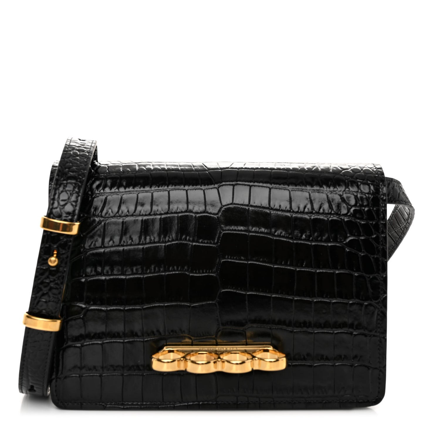ALEXANDER MCQUEEN Calfskin Crocodile Embossed Four Ring Knuckle Crossbody Bag Black