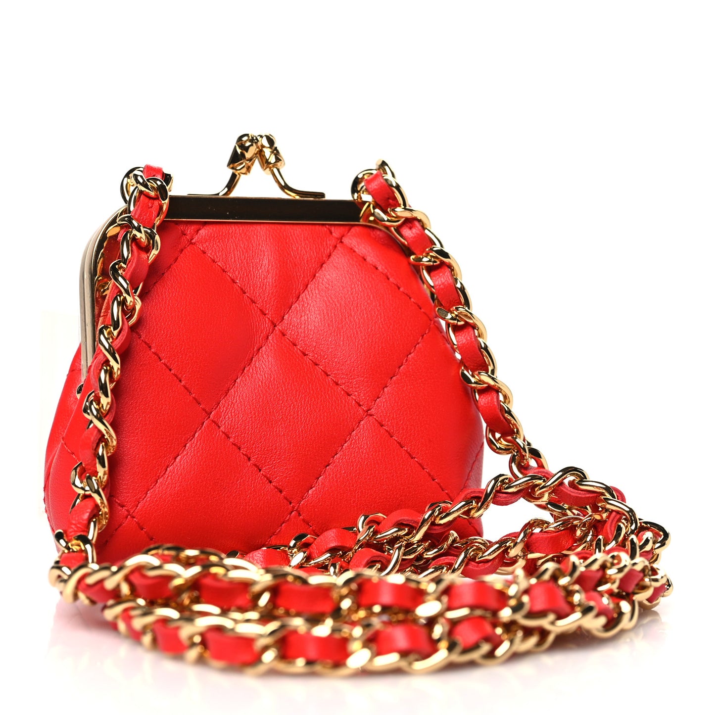Lambskin Quilted Mini Kiss Lock Clutch With Chain Red