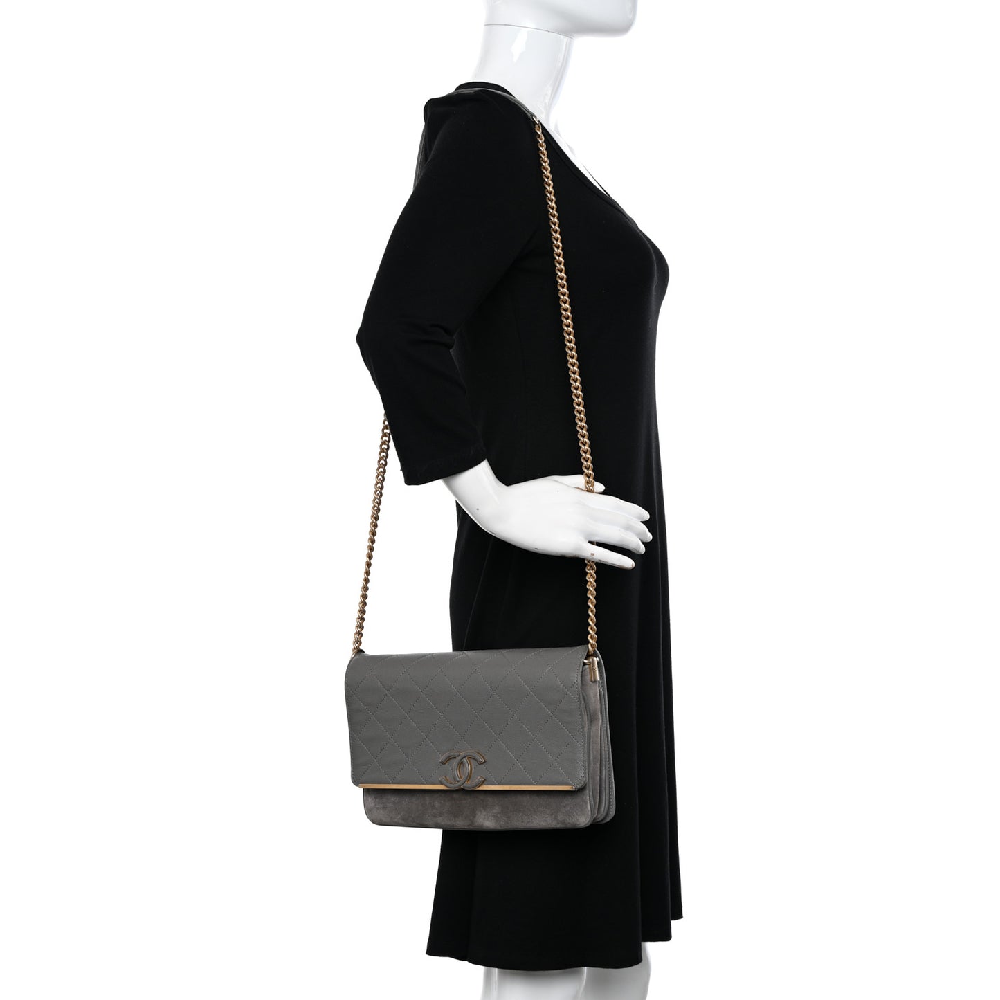 Caviar Suede Stitched Lady Coco Flap Grey