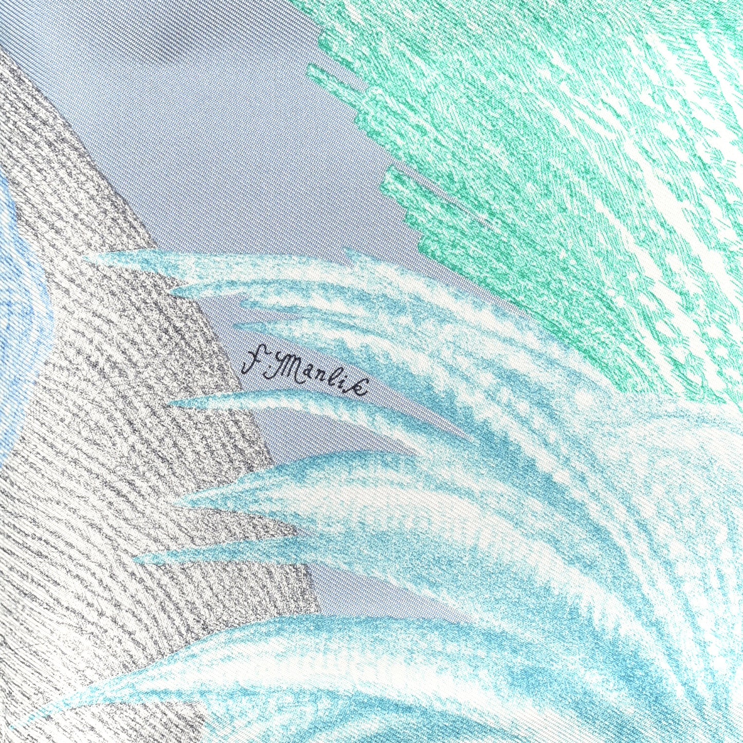 Silk Twill Plumets Et Panaches Scarf 90 Bleu Glacier Vert