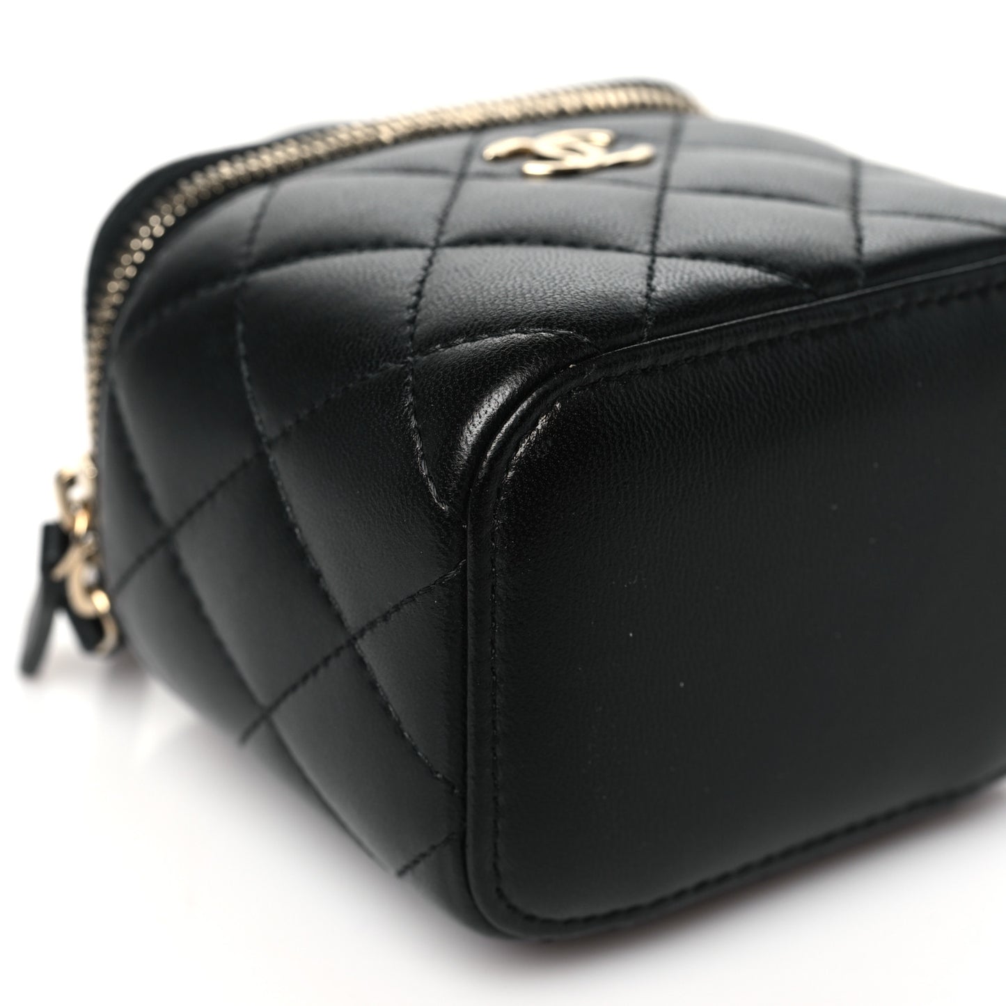 Lambskin Quilted Top Handle Mini Vanity Case With Chain Black